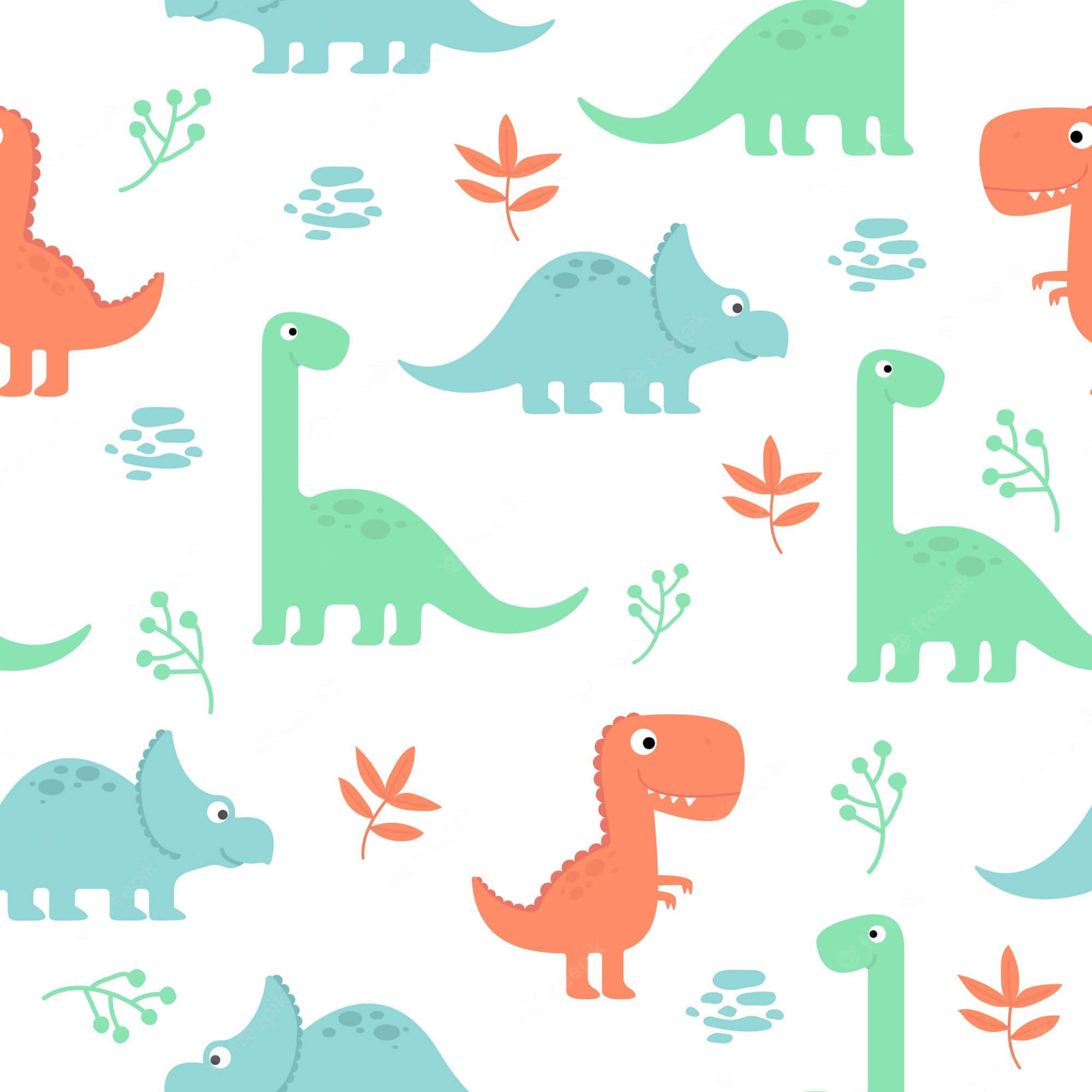 Cute Dinosaur 桌布 壁紙 — 白色背景上，青色和珊瑚色的可愛卡通恐龍，配以簡單的葉子。