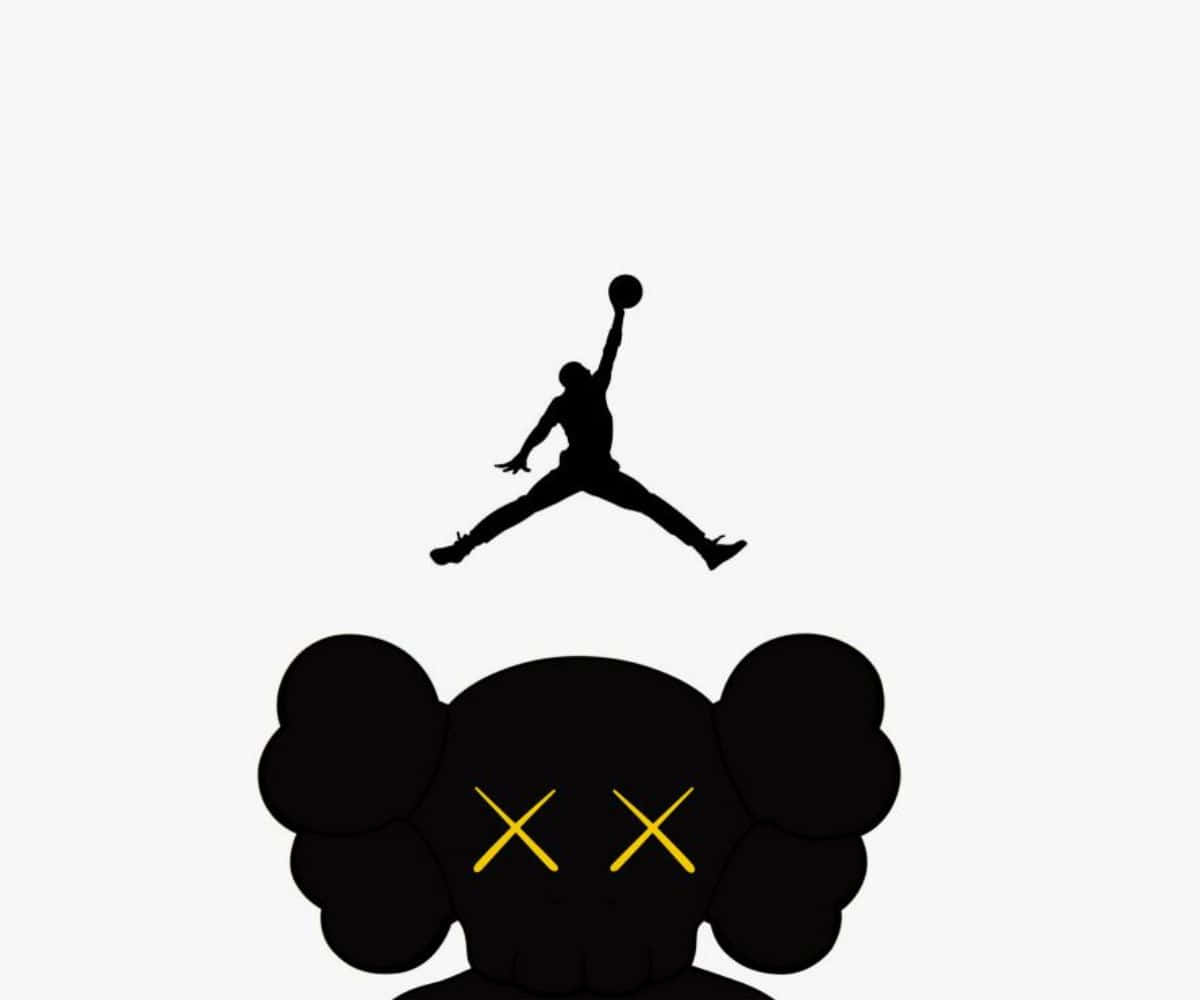 Kaws X Air Jordan 桌布 壁紙 — 白色背景上，黑色KAWS角色（黃色X眼睛）上方，一名籃球運動員黑色剪影正在空中入樽。
