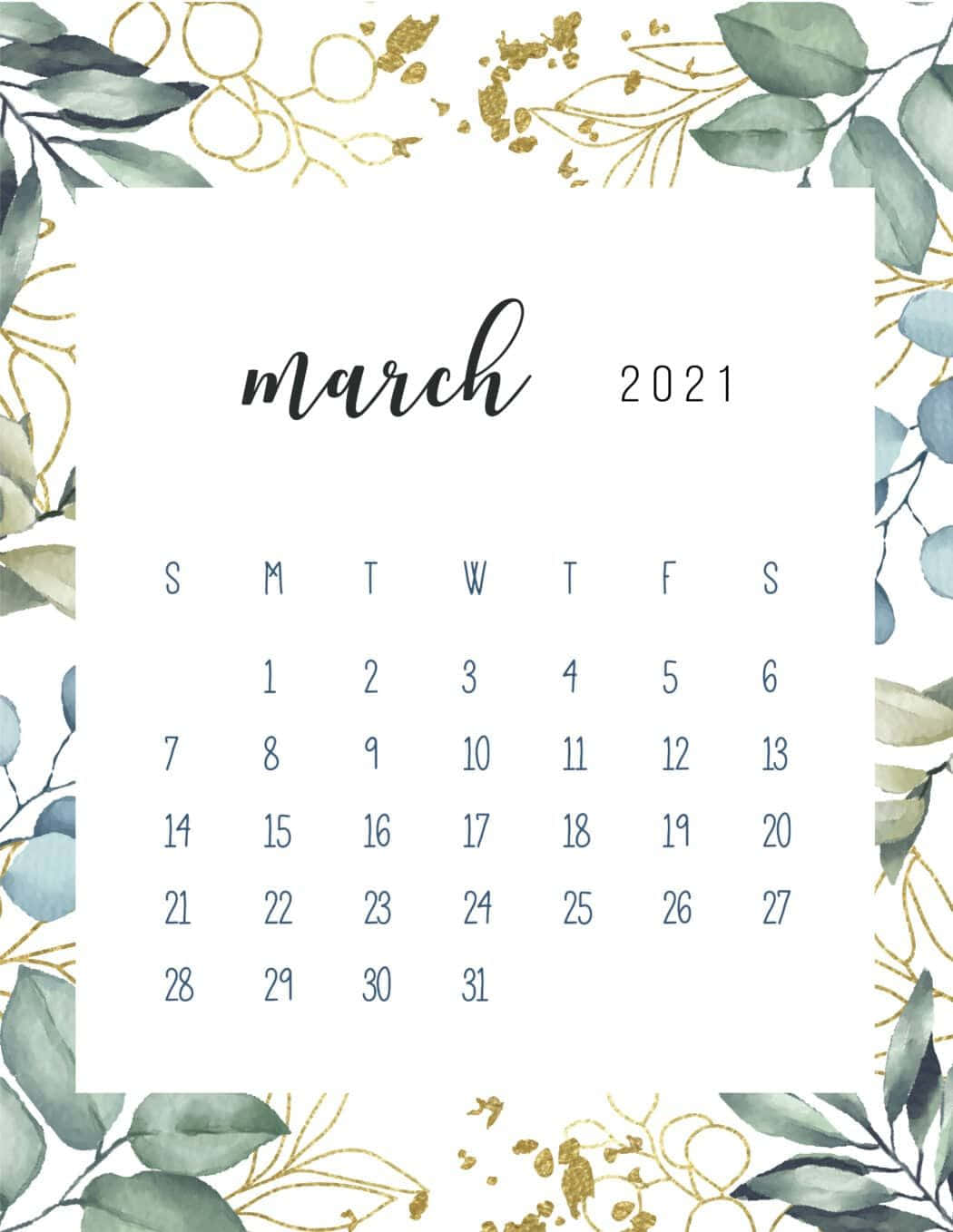 March 桌布 壁紙 — 白色背景上以水彩桉樹葉和金箔點綴的優雅2021年3月日曆。