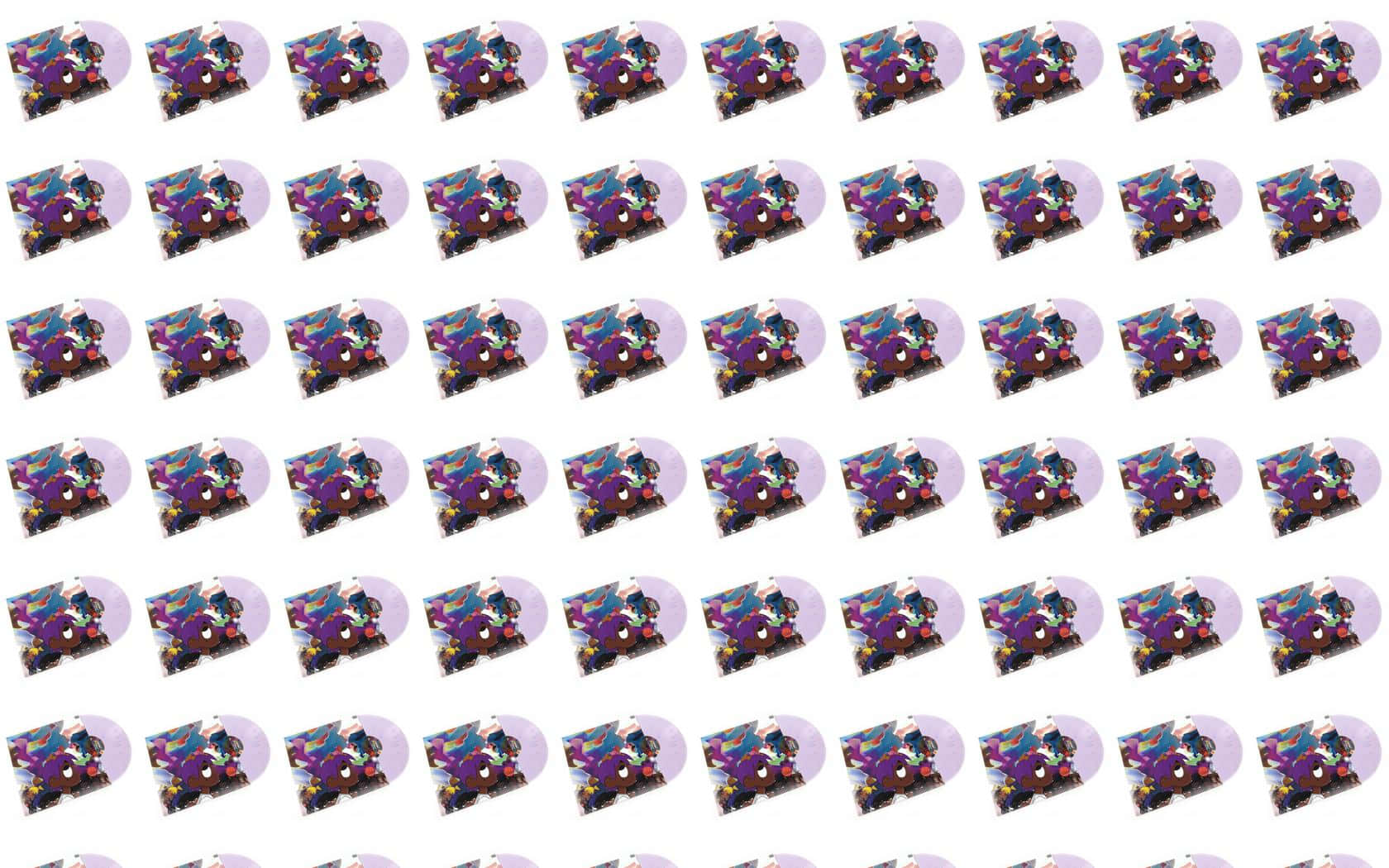 Lil Uzi Vert 桌布 壁紙 — 白色背景上半透明圓盤上紫色和藍色卡通角色的重複圖案。