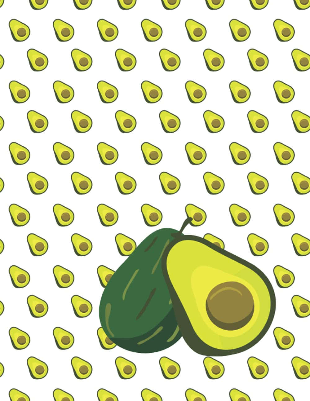 Cute Avocado 桌布 壁紙 — 白色背景上嘅切片牛油果鮮豔圖案，前景有一個完整同半個牛油果。
