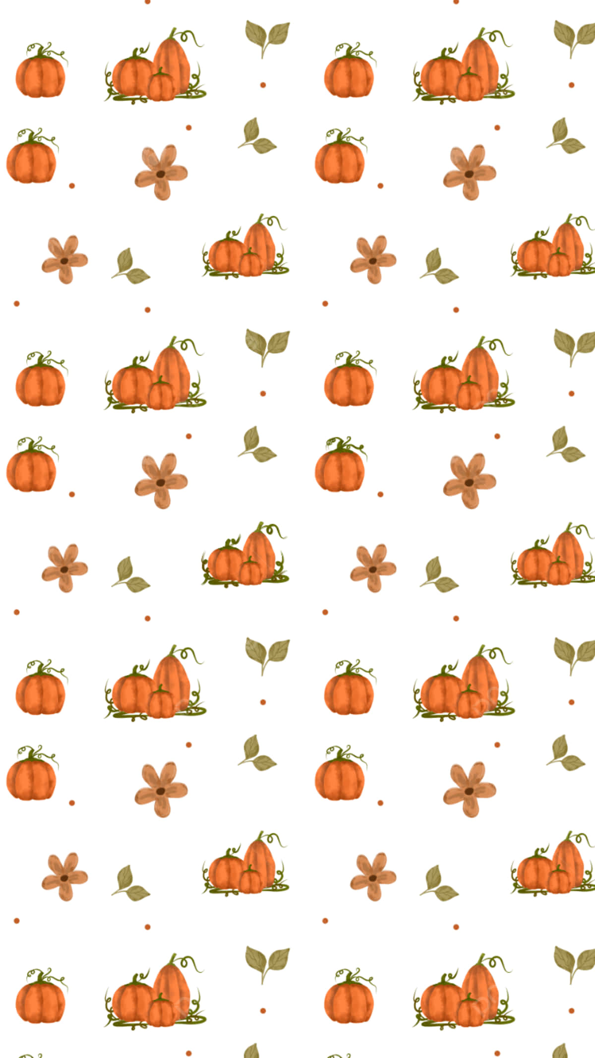 Cute Orange 桌布 壁紙 — 白色背景上帶有小圓點的重複橙色南瓜、花朵和葉子圖案。