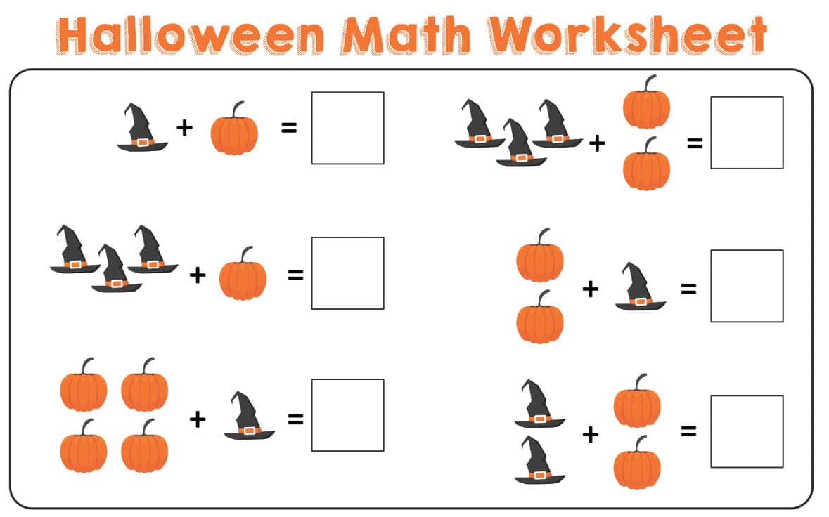 Halloween Puzzles 桌布 壁紙 — 白色背景上帶有巫師帽和南瓜的加法問題的萬聖節數學練習表。
