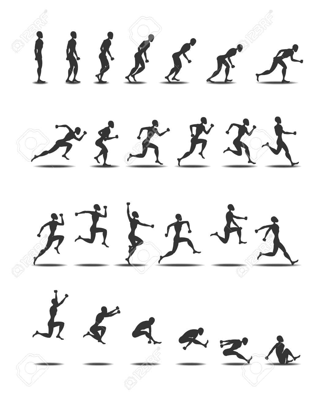 Game Animation 桌布 壁紙 — 白色背景上帶有柔和陰影的各種運動姿勢的跑步者黑色剪影。