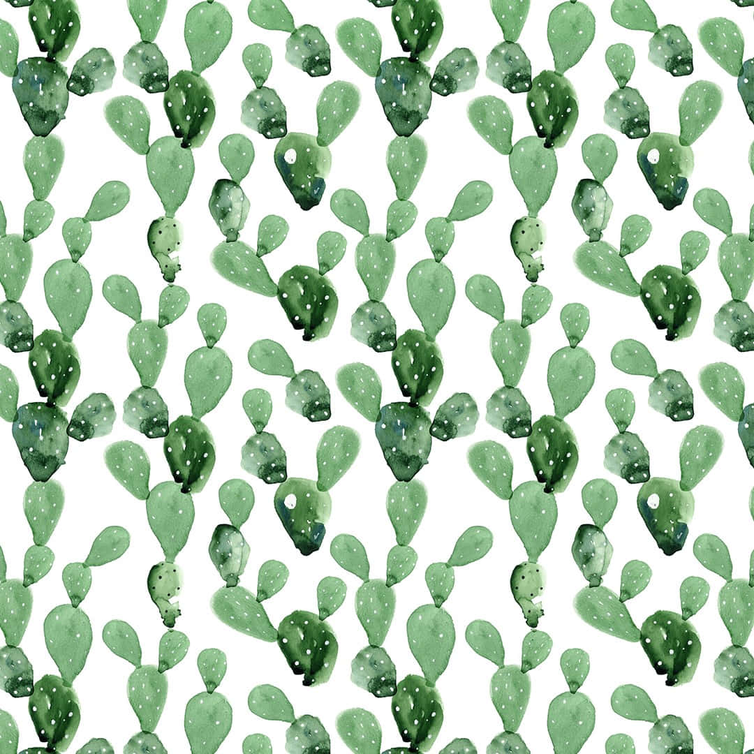Kawaii Cactus 桌布 壁紙 — 白色背景上帶有白色點的綠色仙人掌掌片的彩繪圖案。