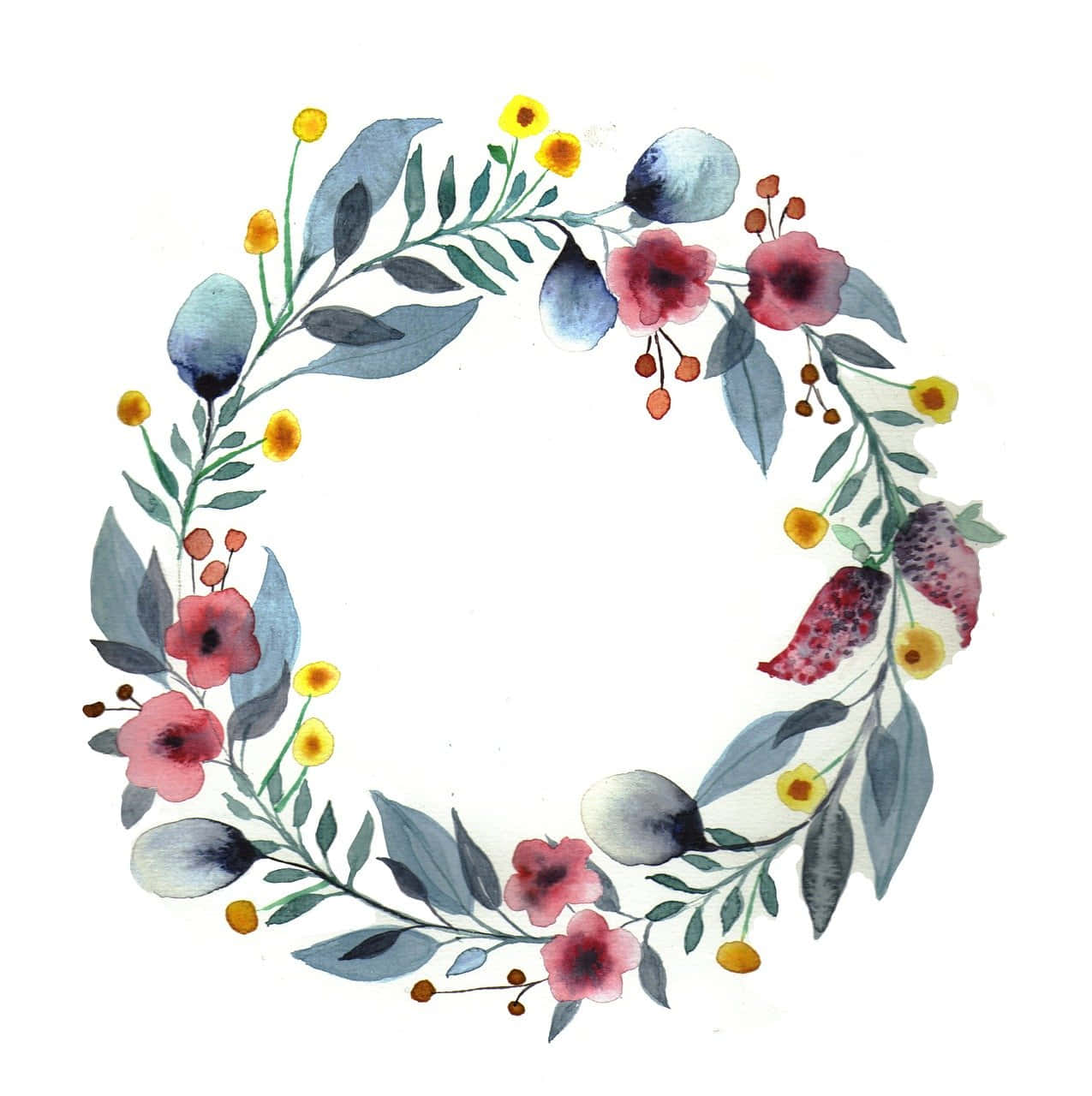 Floral Wreath 桌布 壁紙 — 白色背景上帶有粉紅色、紅色、黃色花朵和藍灰色葉子的精緻水彩花環。