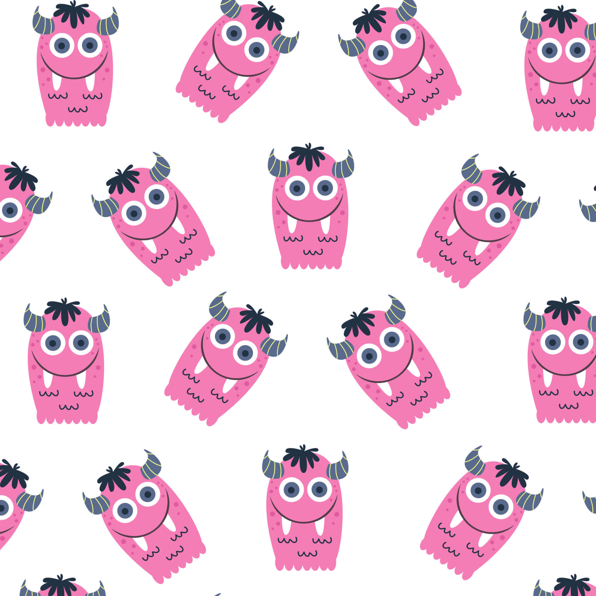 Kawaii Monster 桌布 壁紙 — 白色背景上帶有角和大眼睛的可愛粉紅色卡通怪物重複圖案。
