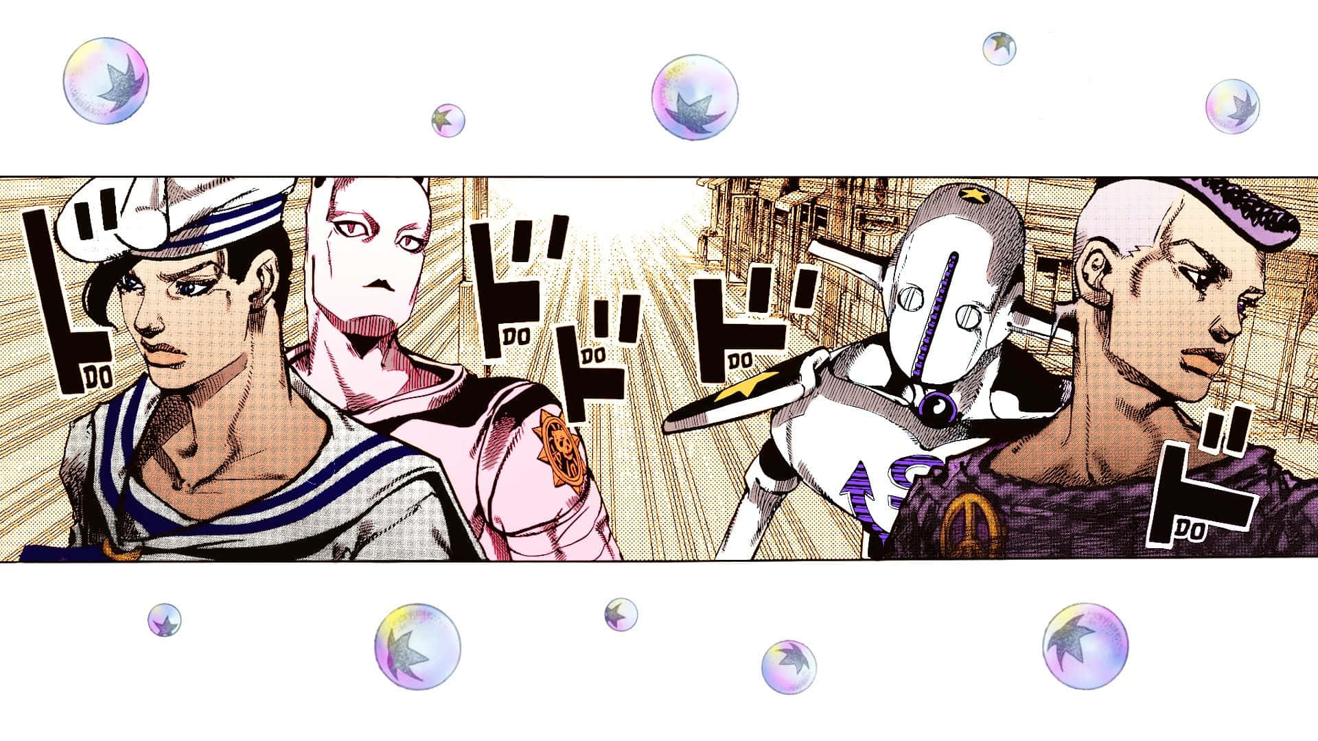 Jojolion 桌布 壁紙 — 白色背景上帶有速度線和浮動氣泡的動態漫畫面板中的動漫角色。