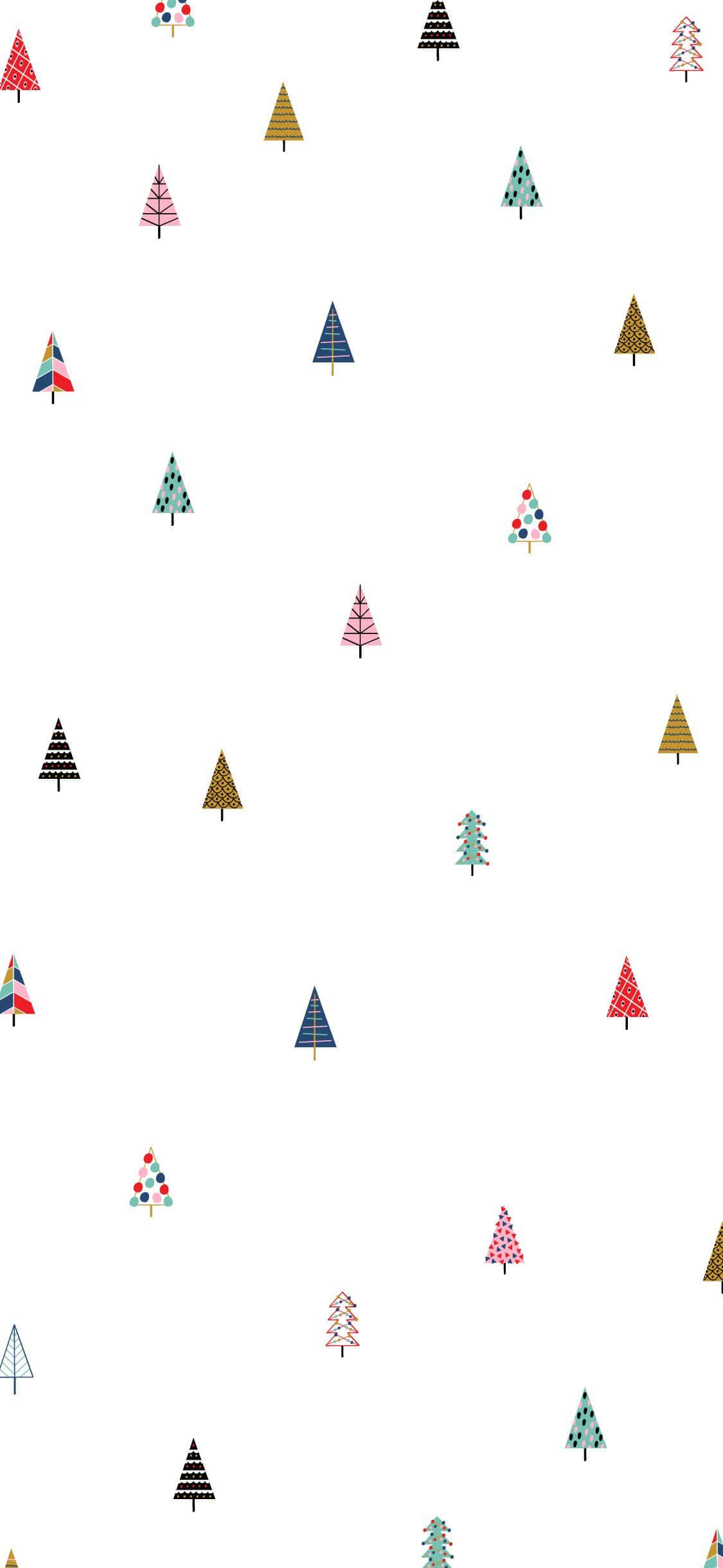 Winter Holiday 桌布 壁紙 — 白色背景上散落著各種圖案和色調的彩色風格化聖誕樹。
