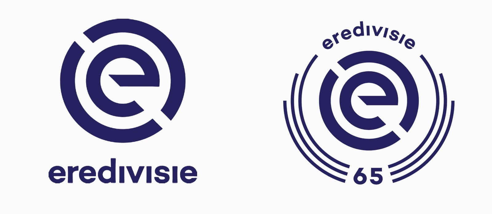 Eredivisie 桌布 壁紙 — 白色背景上有兩個海軍藍色的荷甲聯賽標誌，一個是極簡圓形徽章，另一個帶有同心圓和65文字。