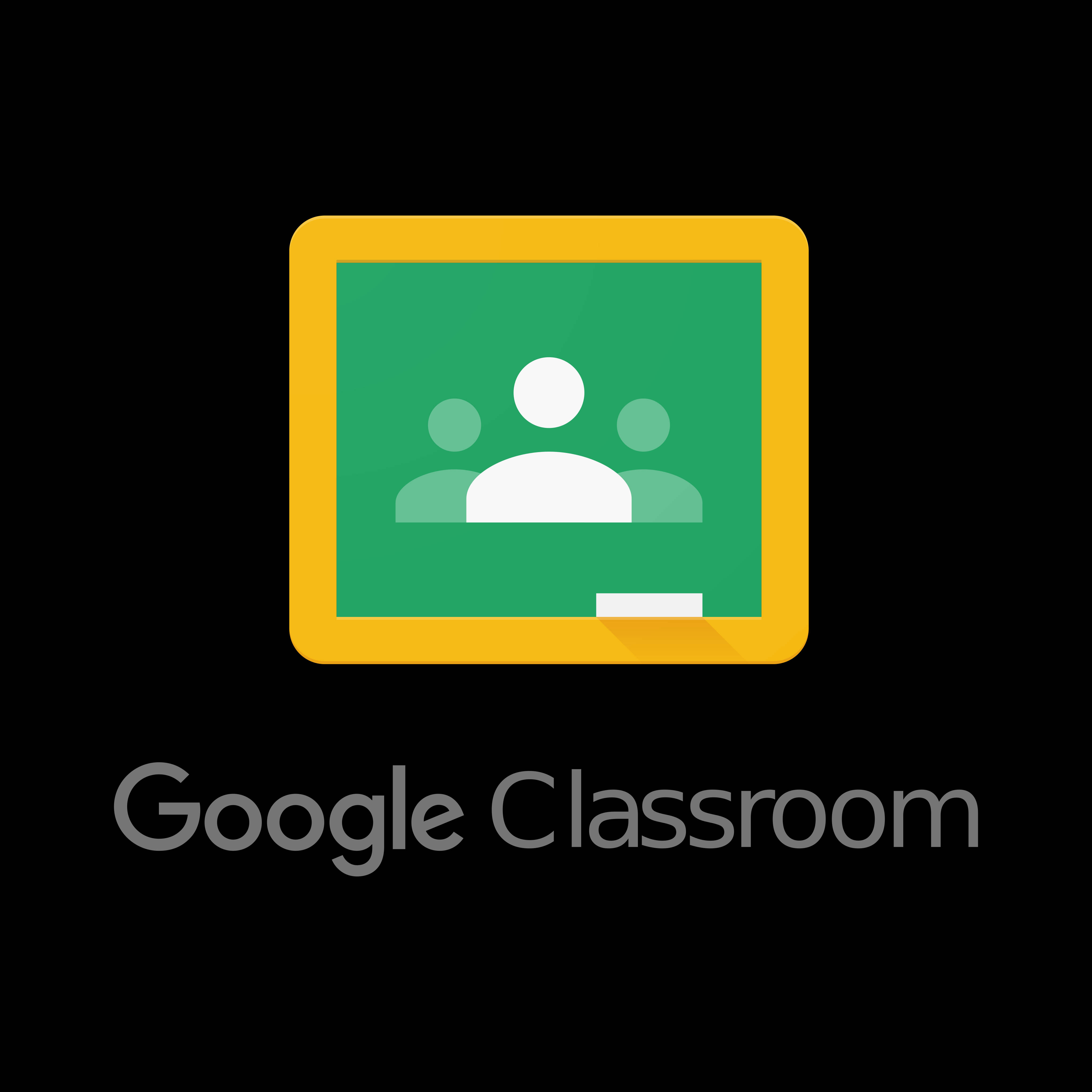 白色背景上的 Google Classroom 壁紙 — 一個平面設計圖標，黃色邊框的綠色黑板，上面有三個白色學生剪影和一支白色粉筆，背景為黑色。