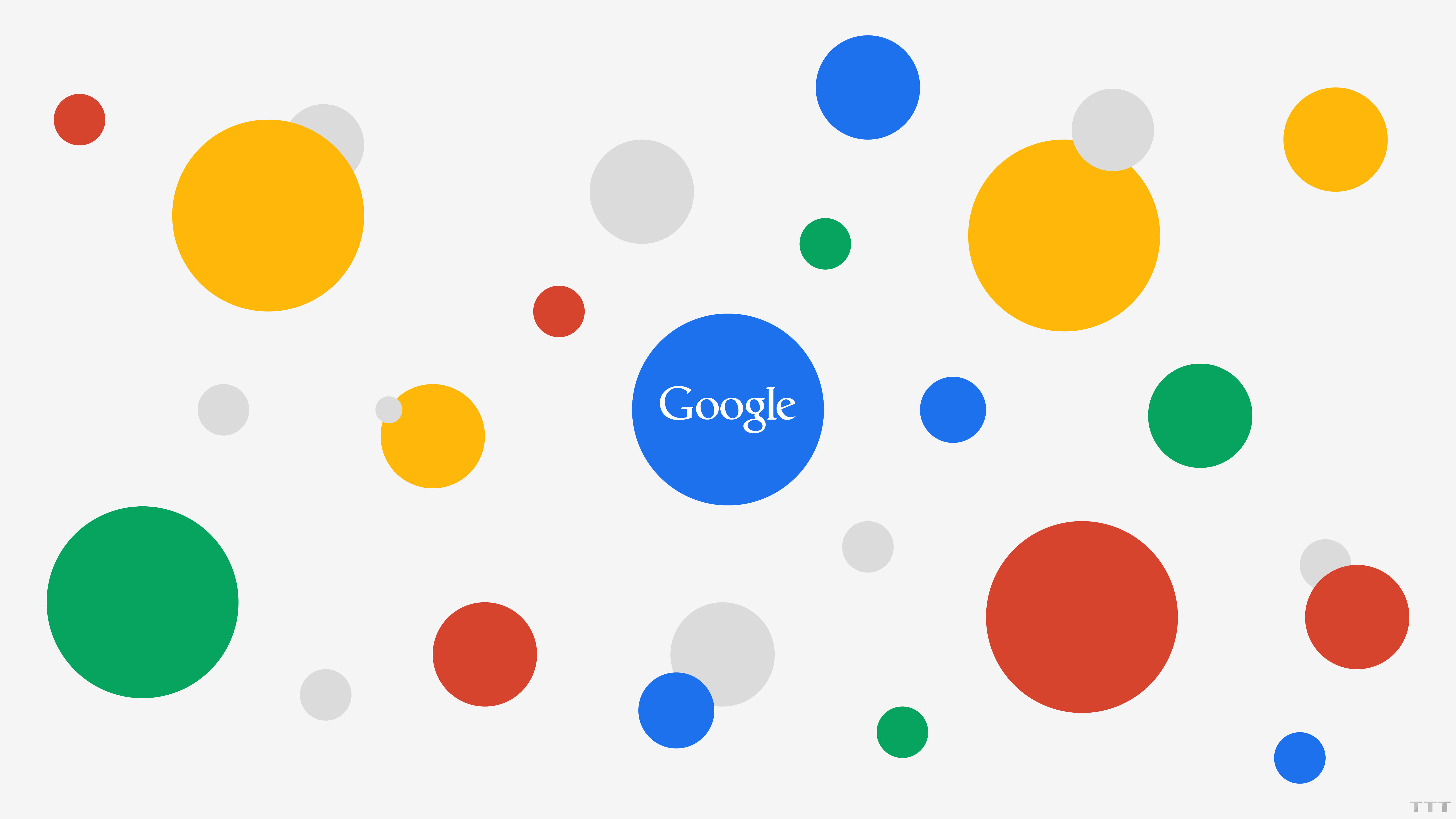 白色背景上的 Google 搜尋欄 壁紙 — Google 標誌置中於淺灰色背景上的彩色浮動圓圈之間。