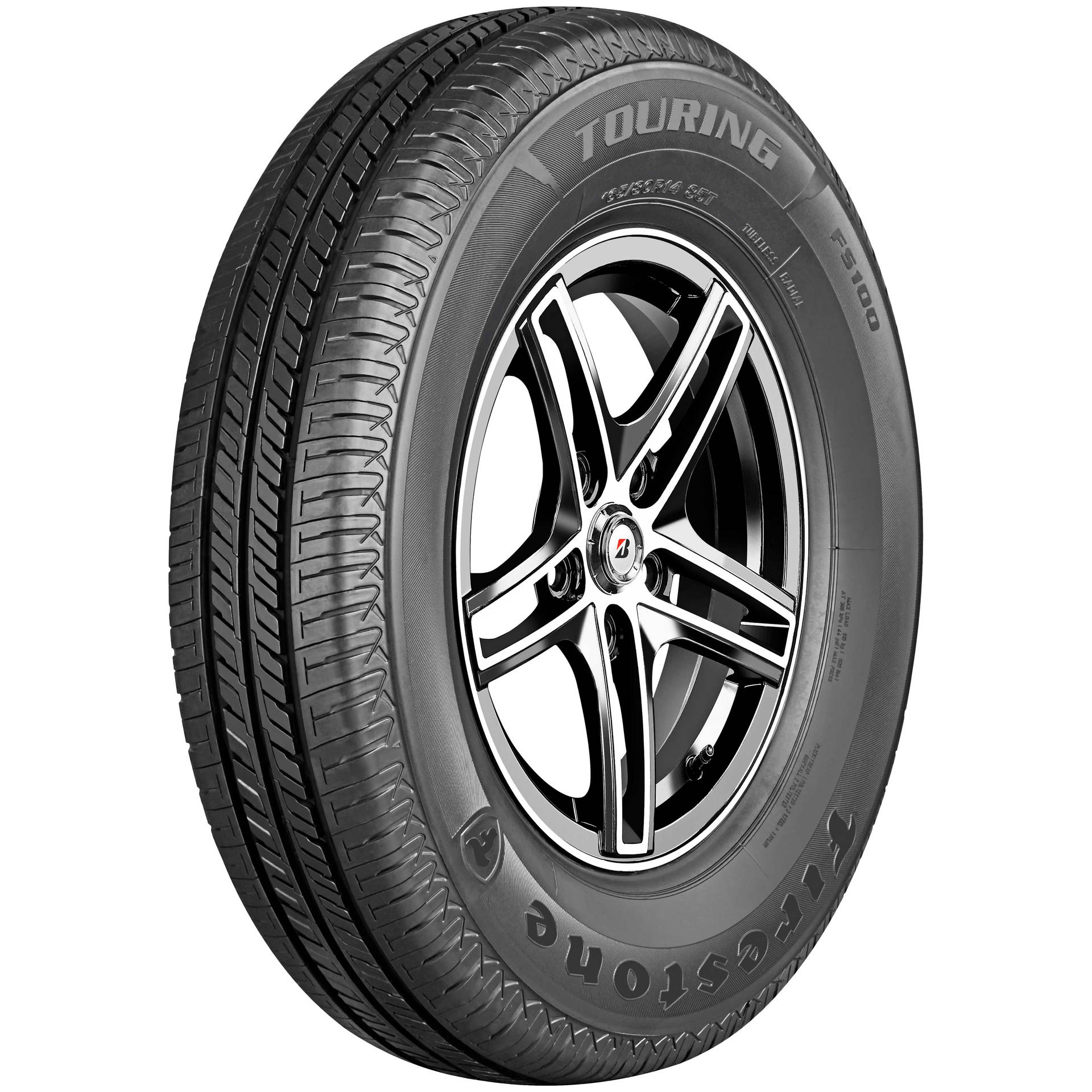 Firestone Touring 輪胎安裝在銀色合金輪圈上，在影樓燈光下展示。