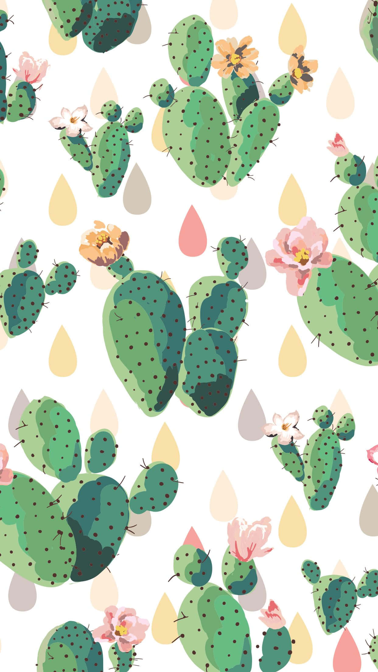 Kawaii Cactus 桌布 壁紙 — 白色背景上的綠色仙人掌，帶有粉紅色和黃色的花朵以及柔和色調的雨滴。