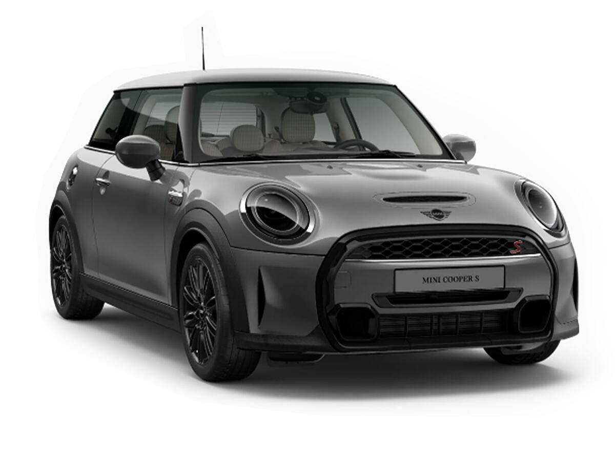 白色背景上的迷你黑色美學車 壁紙 — 一輛時尚的灰色MINI Cooper S跑車，帶有黑色飾邊和圓形頭燈，在純白色背景上蓄勢待發。