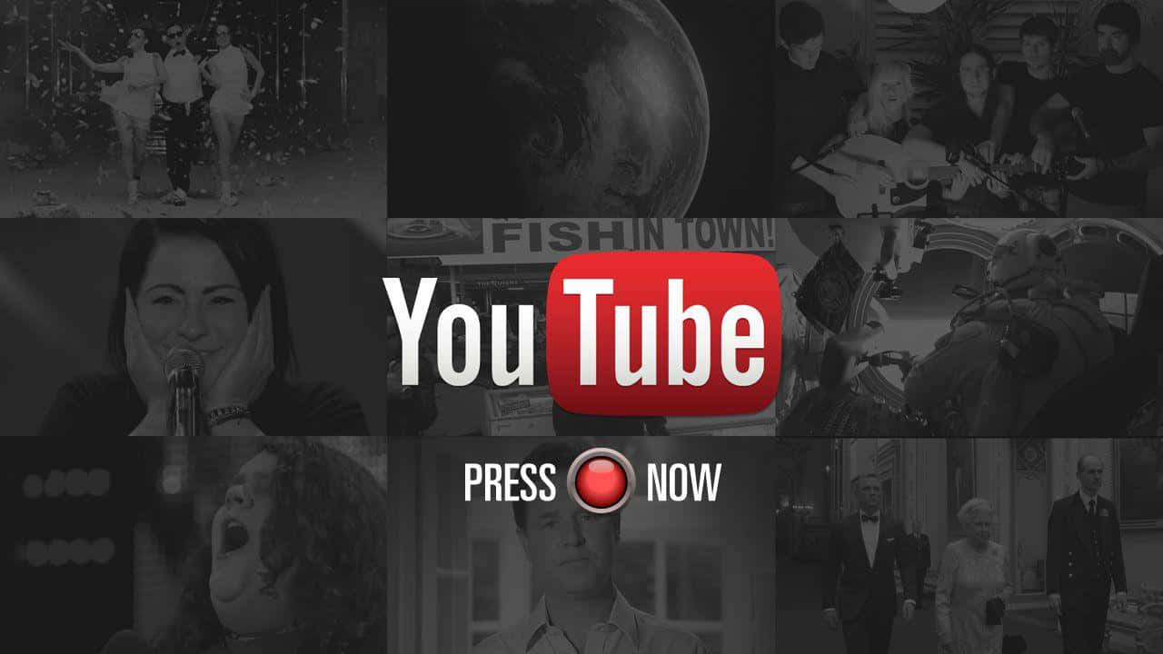 白色背景上的黑色YouTube標誌 壁紙 — 以紅色 YouTube 標誌和「立即按下」按鈕為中心的黑白場景拼貼。
