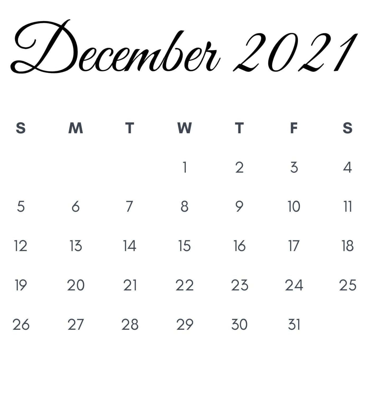 十二月 桌布 壁紙 — 白色背景上簡約的2021年12月月曆，帶有優雅的手寫體標題和整潔的網格佈局。