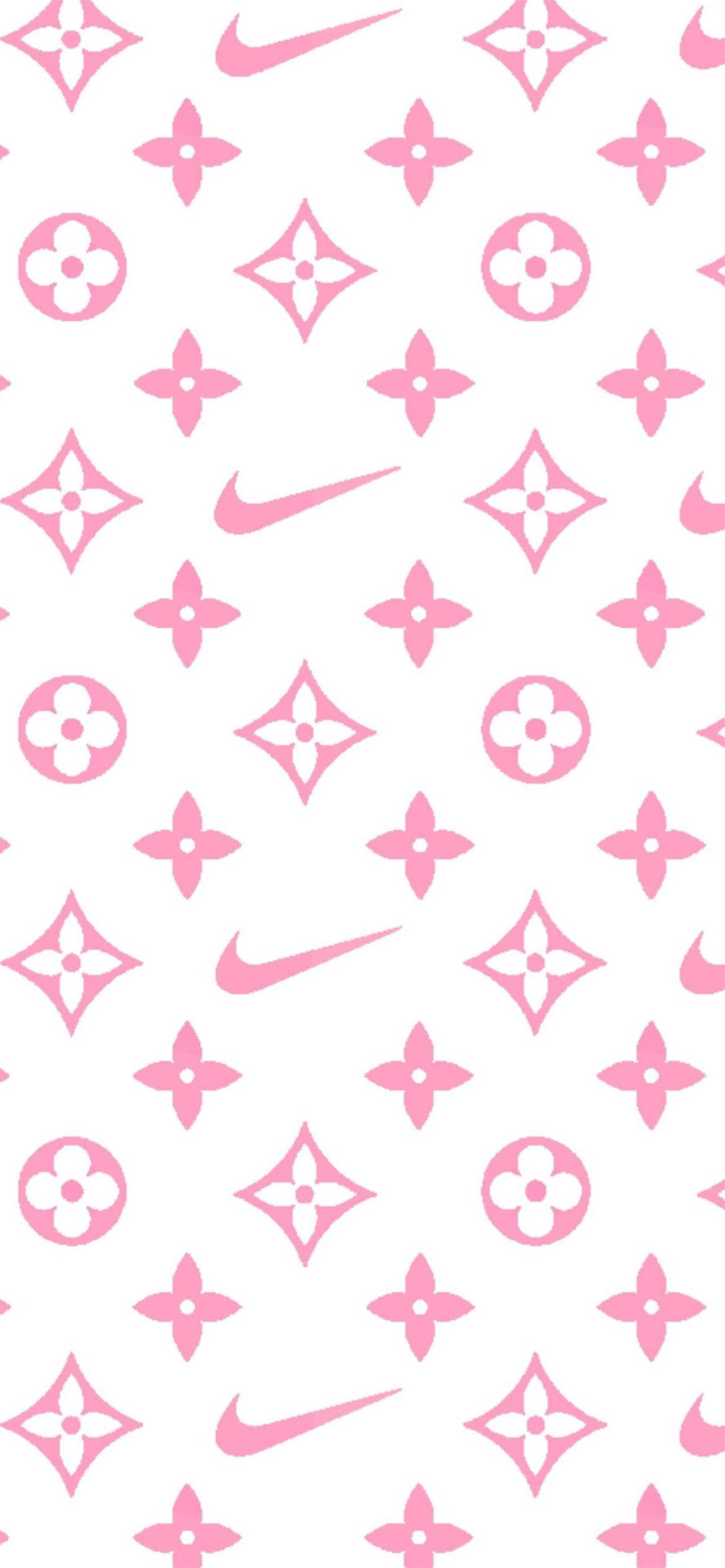 圖案 桌布 壁紙 — 白色背景上重複出現的粉紅色 Louis Vuitton 字母圖案和 Nike 勾勾標誌。