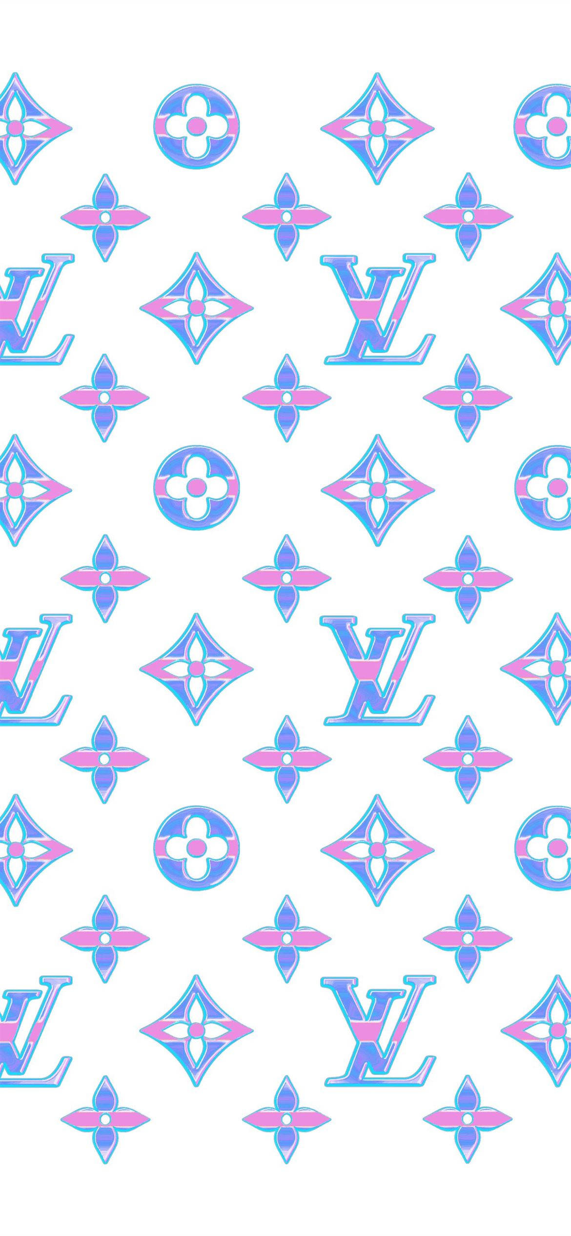 路易威登 桌布 壁紙 — 白色背景上重複出現藍色和粉紅色的 Louis Vuitton 標誌及字母組合圖案。
