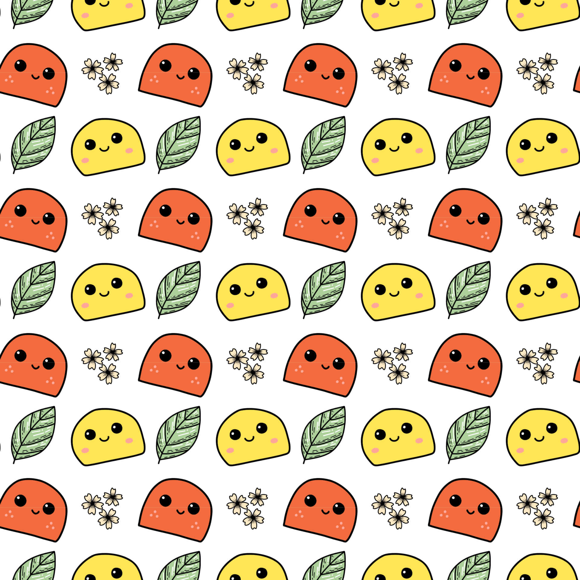 Cute Kawaii Japanese Characters 桌布 壁紙 — 白色背景上重複的可愛微笑玉米餅臉圖案，配有綠色葉子和小花。