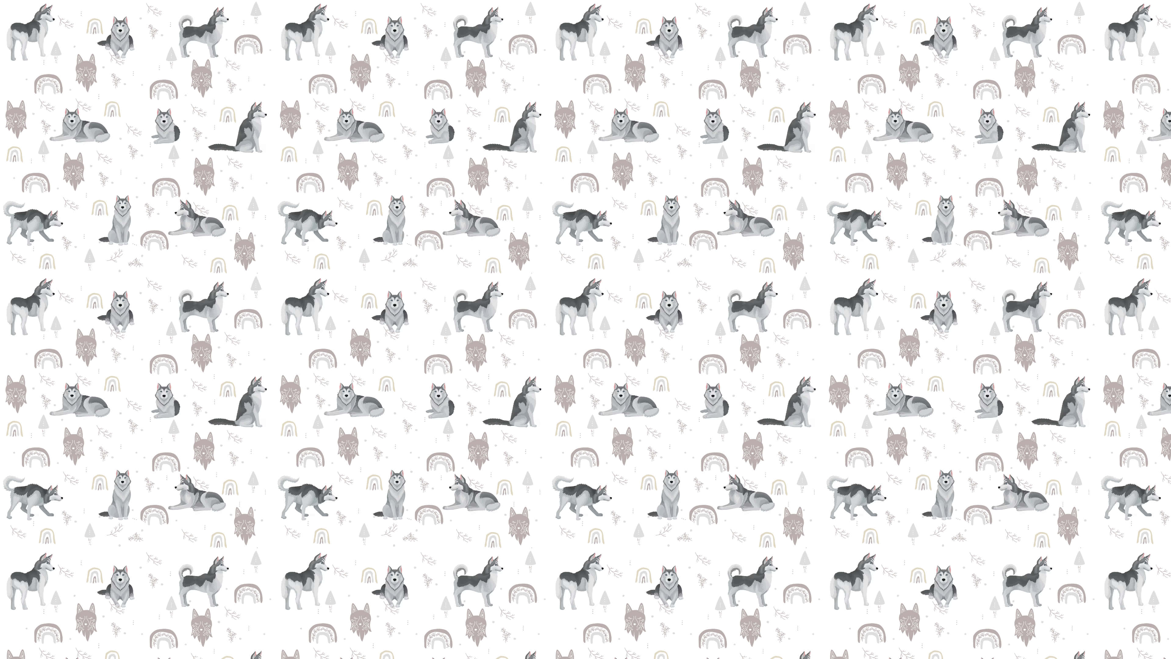 Wolf Pattern 桌布 壁紙 — 白色背景上重複的哈士奇狗和彩虹圖案，採用柔和灰色調。