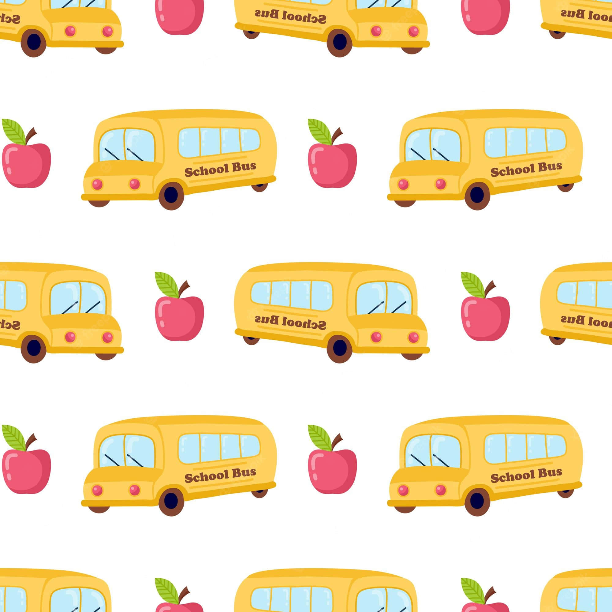 Yellow School Bus 桌布 壁紙 — 白色背景上黃色校車和紅色蘋果的重複圖案。