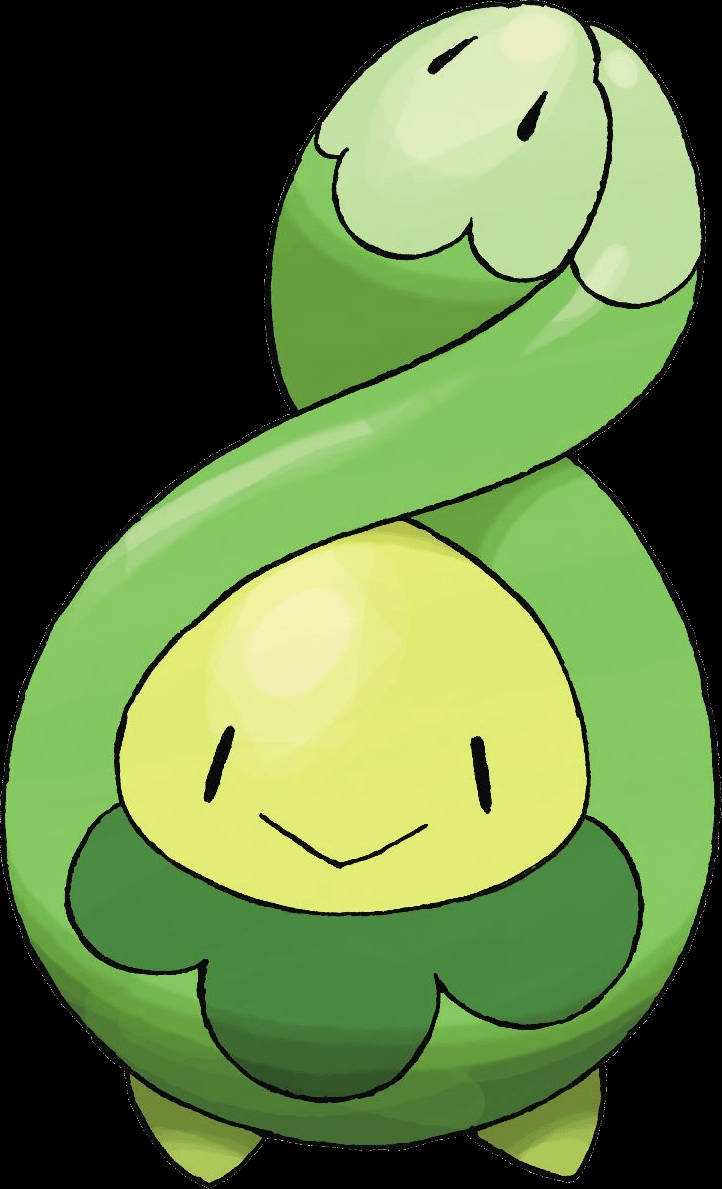 白色背景下的 Budew 壁紙 — 一條快樂的綠色卡通蛇，帶有微笑的黃色臉，在黑色背景上盤繞成螺旋形。