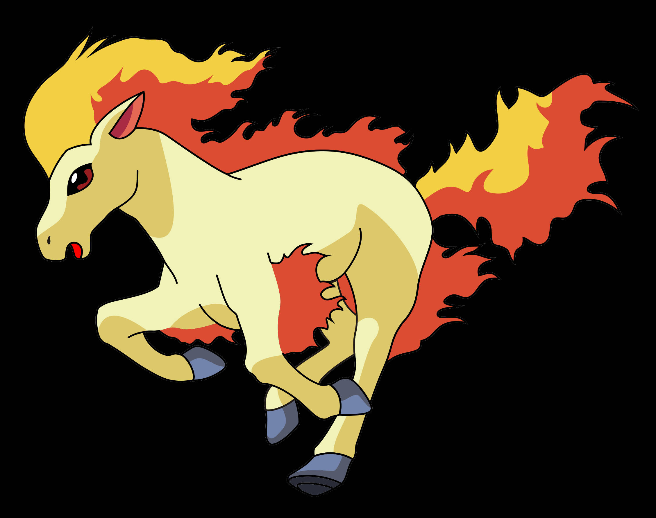白色背景下的Pokémon 紫色小馬 壁紙 — 一匹火焰鬃毛和尾巴的卡通馬在黑色背景上奔騰。