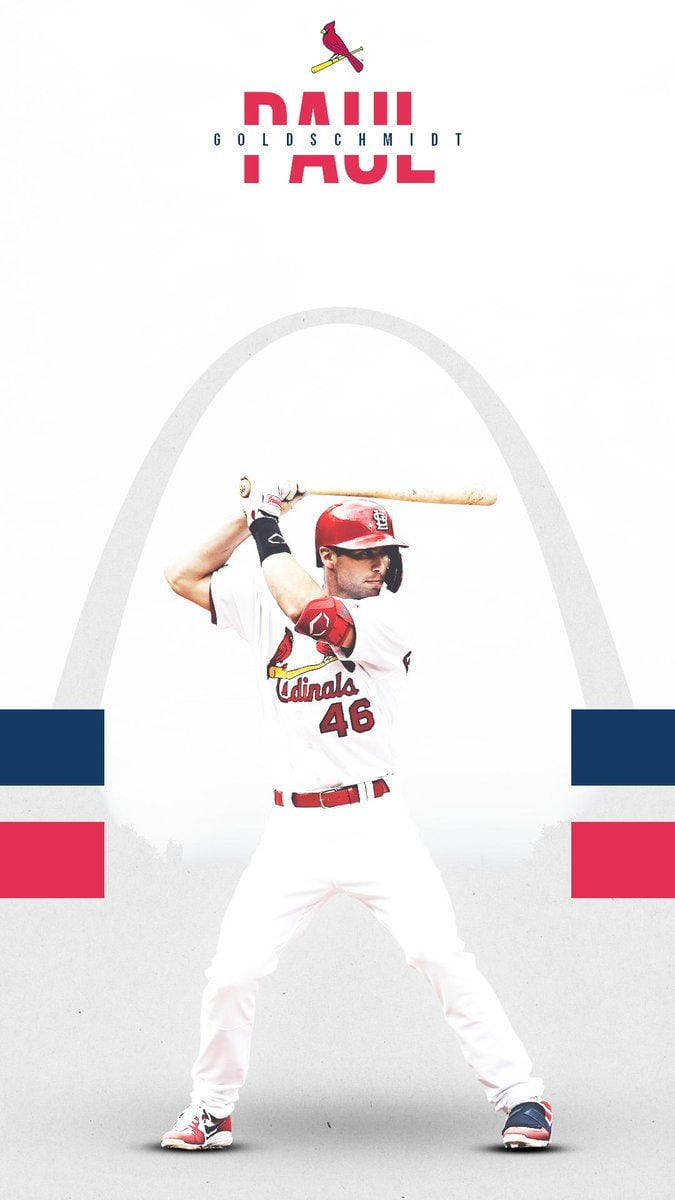 身穿紅雀隊球衣的棒球選手 Paul Goldschmidt 揮棒，身後是聖路易斯拱門。