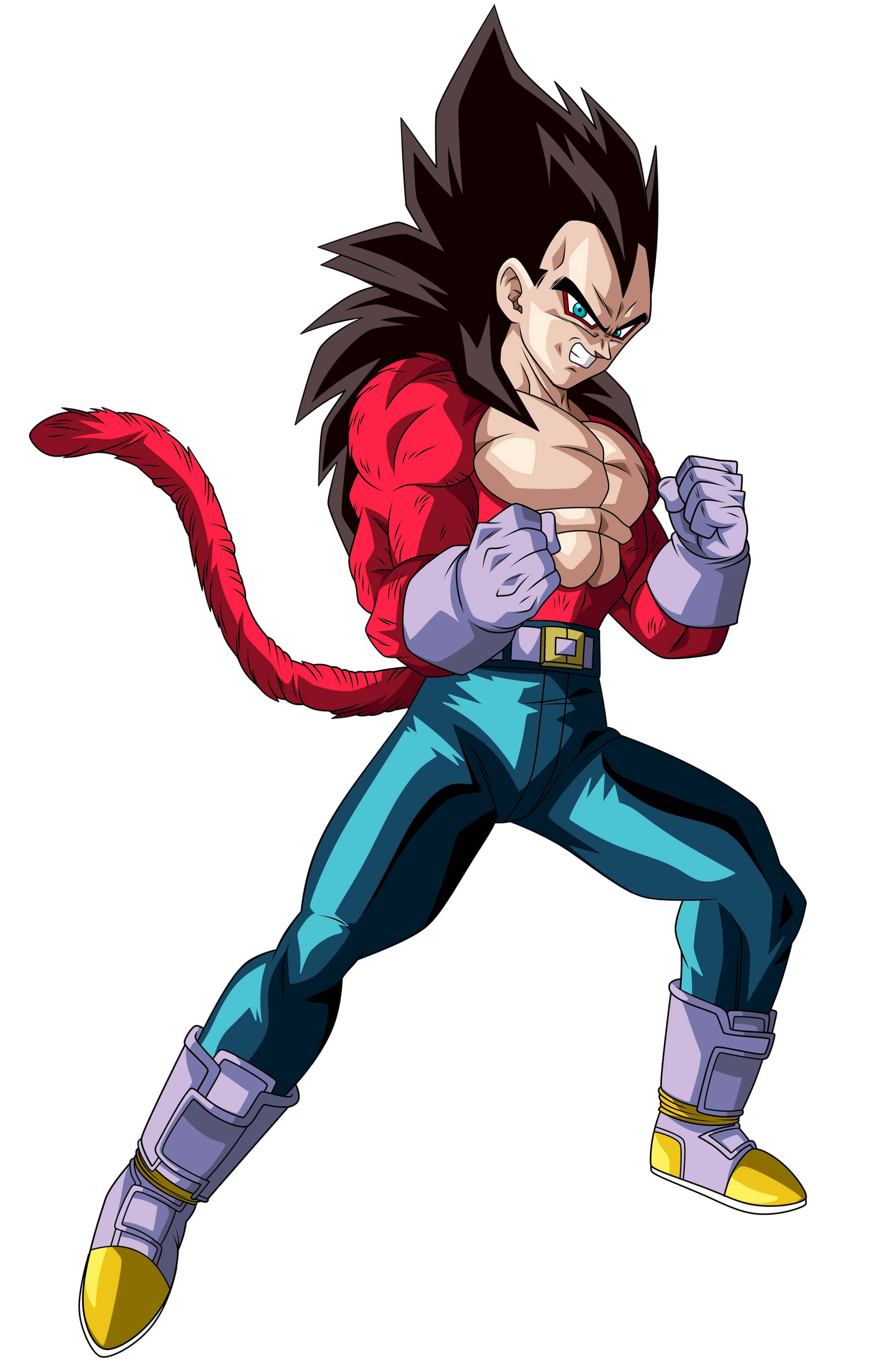 Vegeta Super Saiyan 4 桌布 壁紙 — 白色背景前，超級撒亞人形態的動畫角色比達，帶有紅色尾巴和戰鬥姿勢。