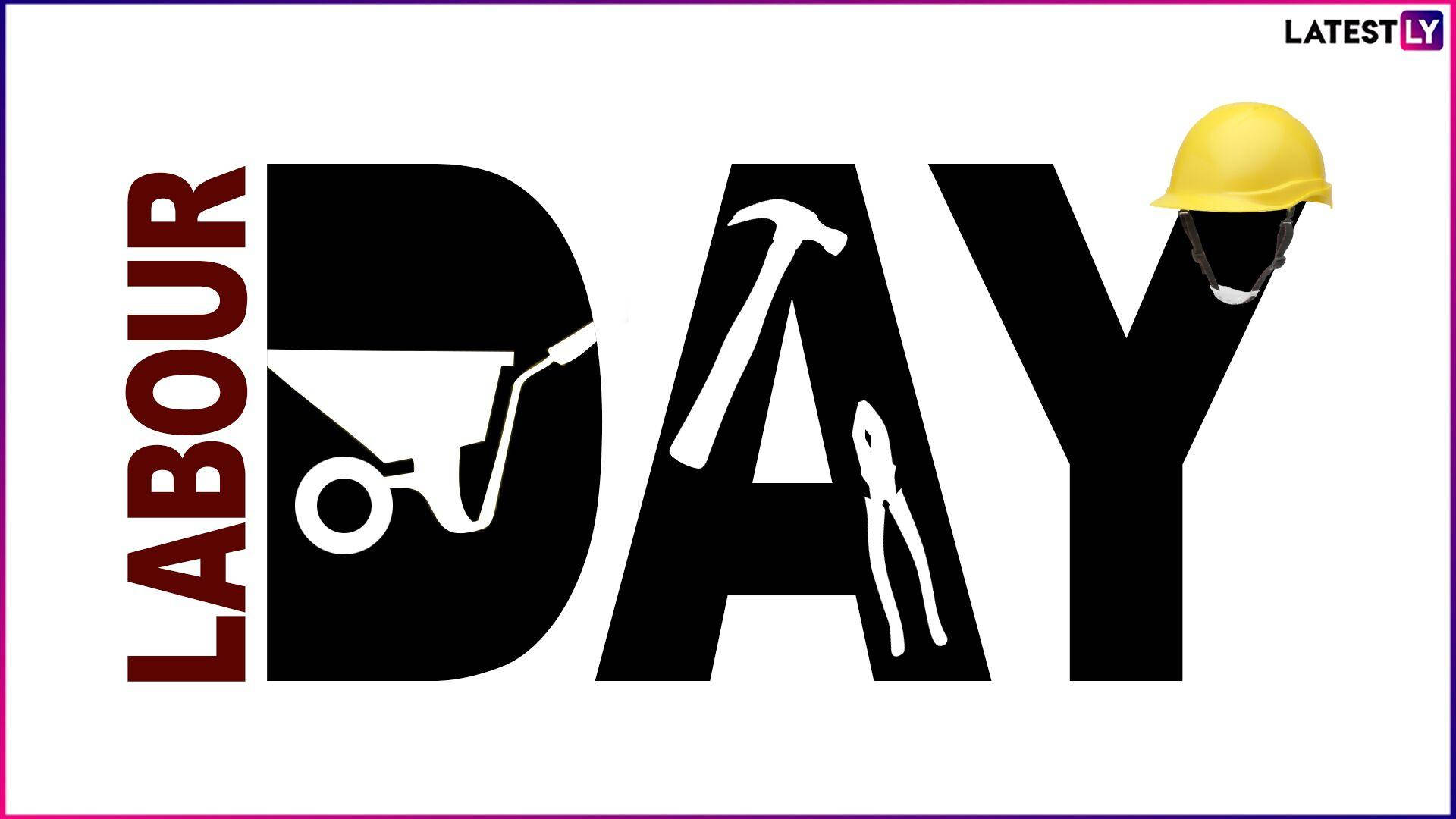 Labour Day 圖案，工具和安全帽以粗體字母呈現。