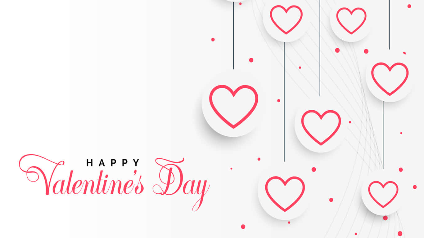 Happy Valentine's Day 問候，白色背景上掛有紅色心形裝飾。