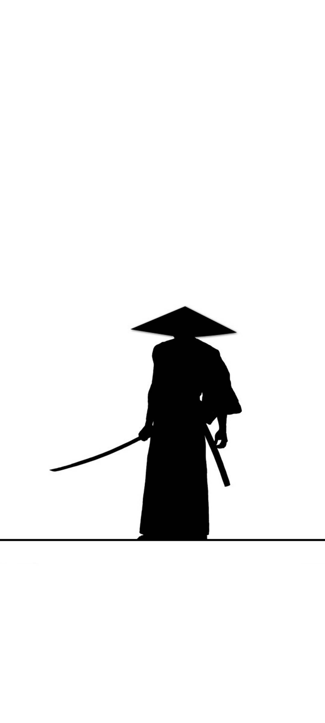 白色背景武士剪影 iPhone 壁紙 — 一個戴著傳統帽子、手持武士刀的武士戰士的鮮明黑色剪影，佇立在純白色背景上。