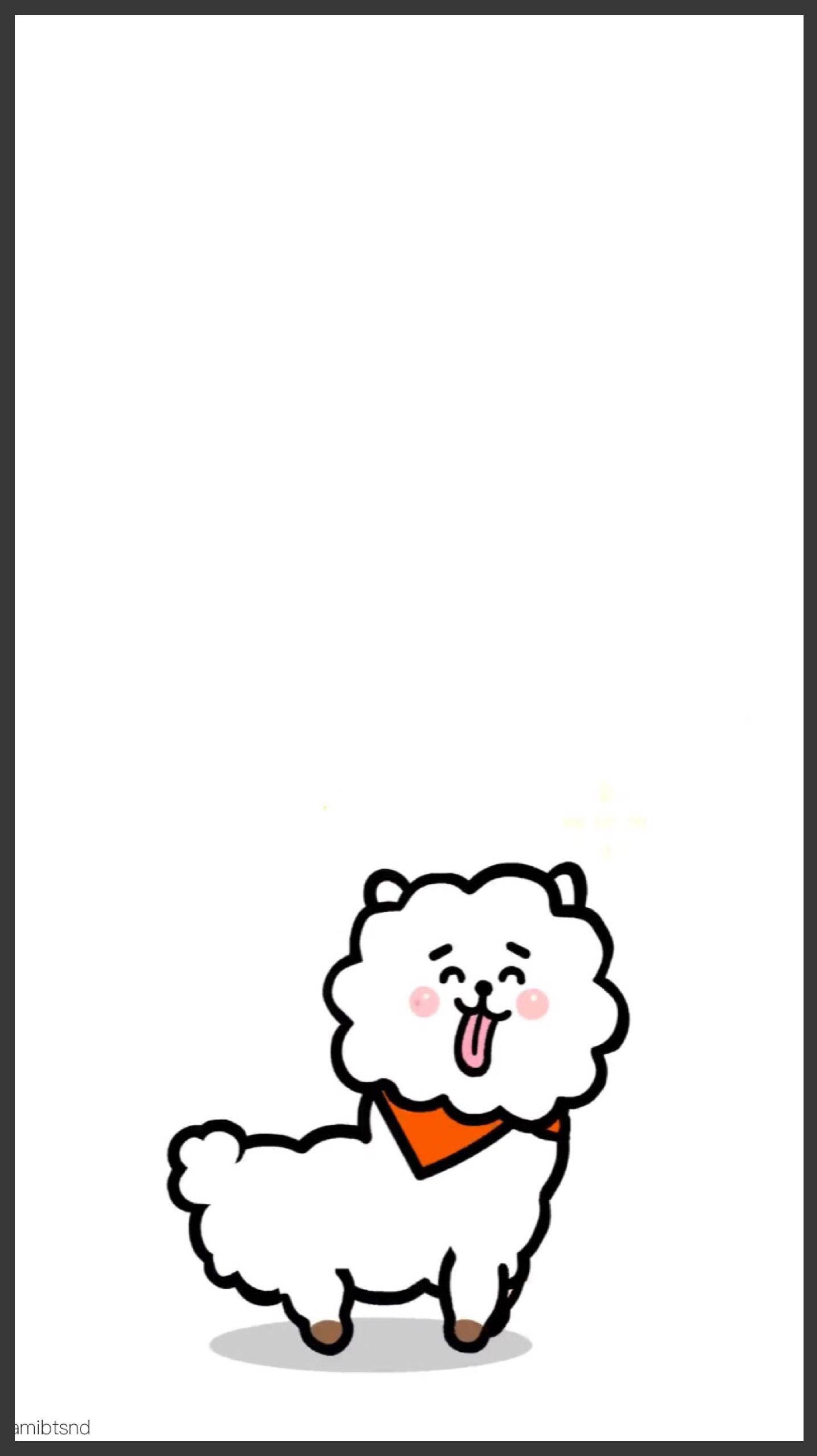 白色背景的卡通RJ BT21 壁紙 — 一隻可愛的白色毛茸茸卡通狗，戴著橙色頭巾，在純白色背景上開心地伸出舌頭。