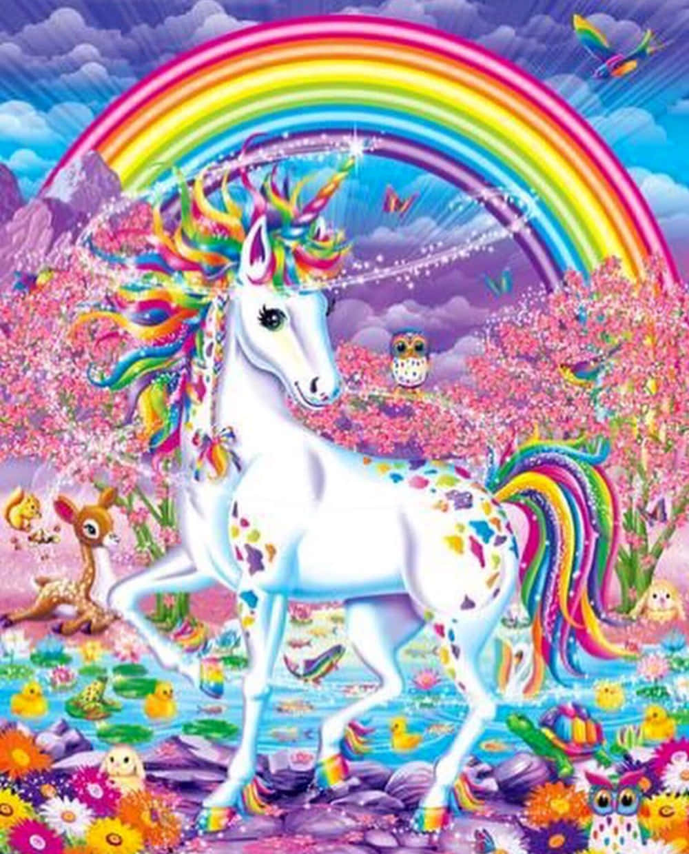 彩虹拱在一個充滿花朵和動物的奇幻森林中的獨角獸上方。