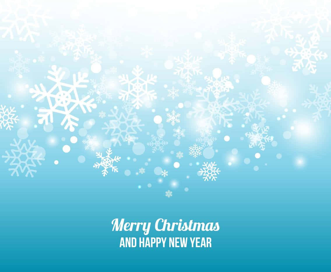 雪花落在藍色漸變背景上，帶有Merry Christmas和Happy New Year文字。