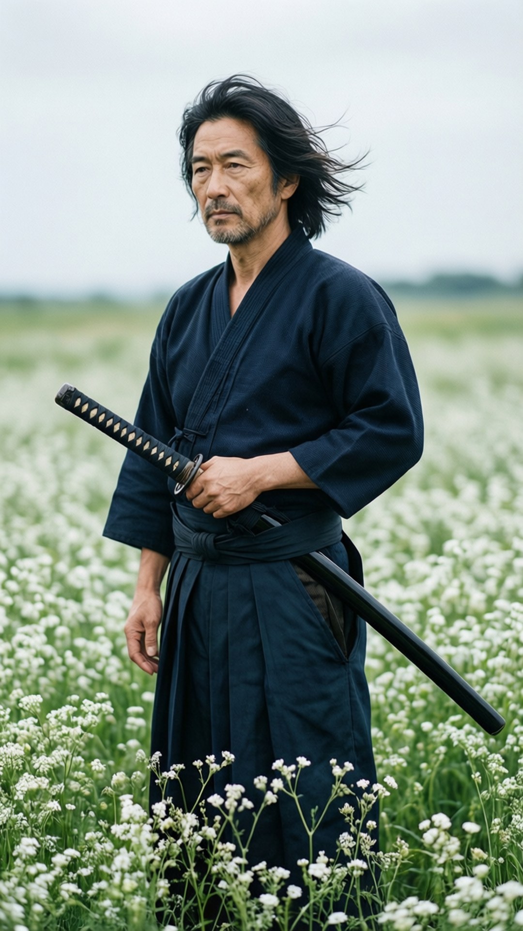 白色花田 壁紙 — 一位莊嚴的武士，長長的黑髮，站在白色花田中，手持武士刀，天空陰沉。