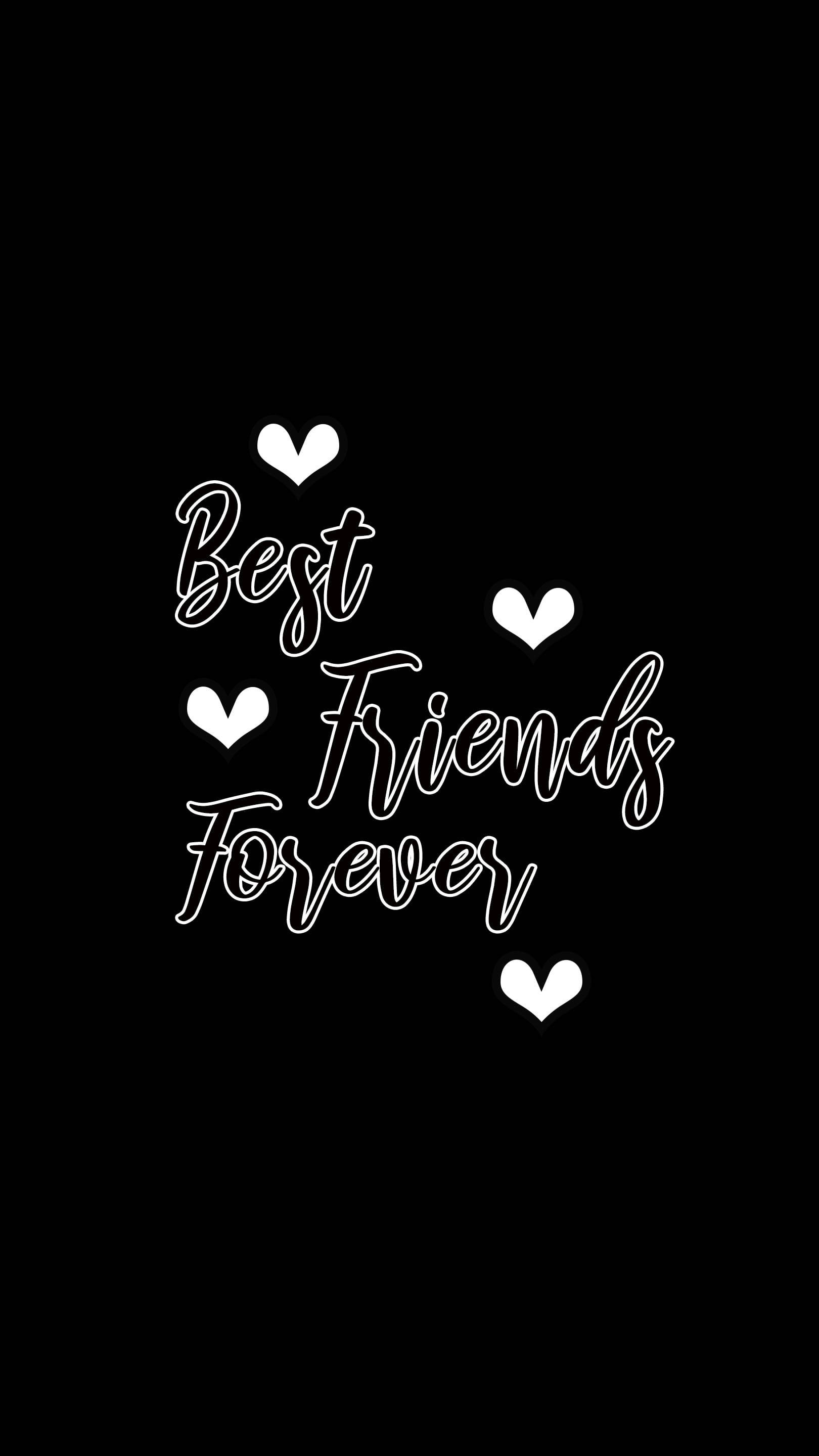 black cute girly 桌布 壁紙 — 白色草書文字寫著「Best Friends Forever」，周圍環繞著心形圖案，背景為純黑色。