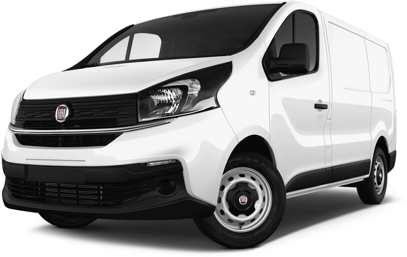 白色菲亞特商用貨車 壁紙 — 一輛純白色的Fiat客貨車，帶有黑色飾條和銀色輪圈，在透明背景的影樓燈光下展示。