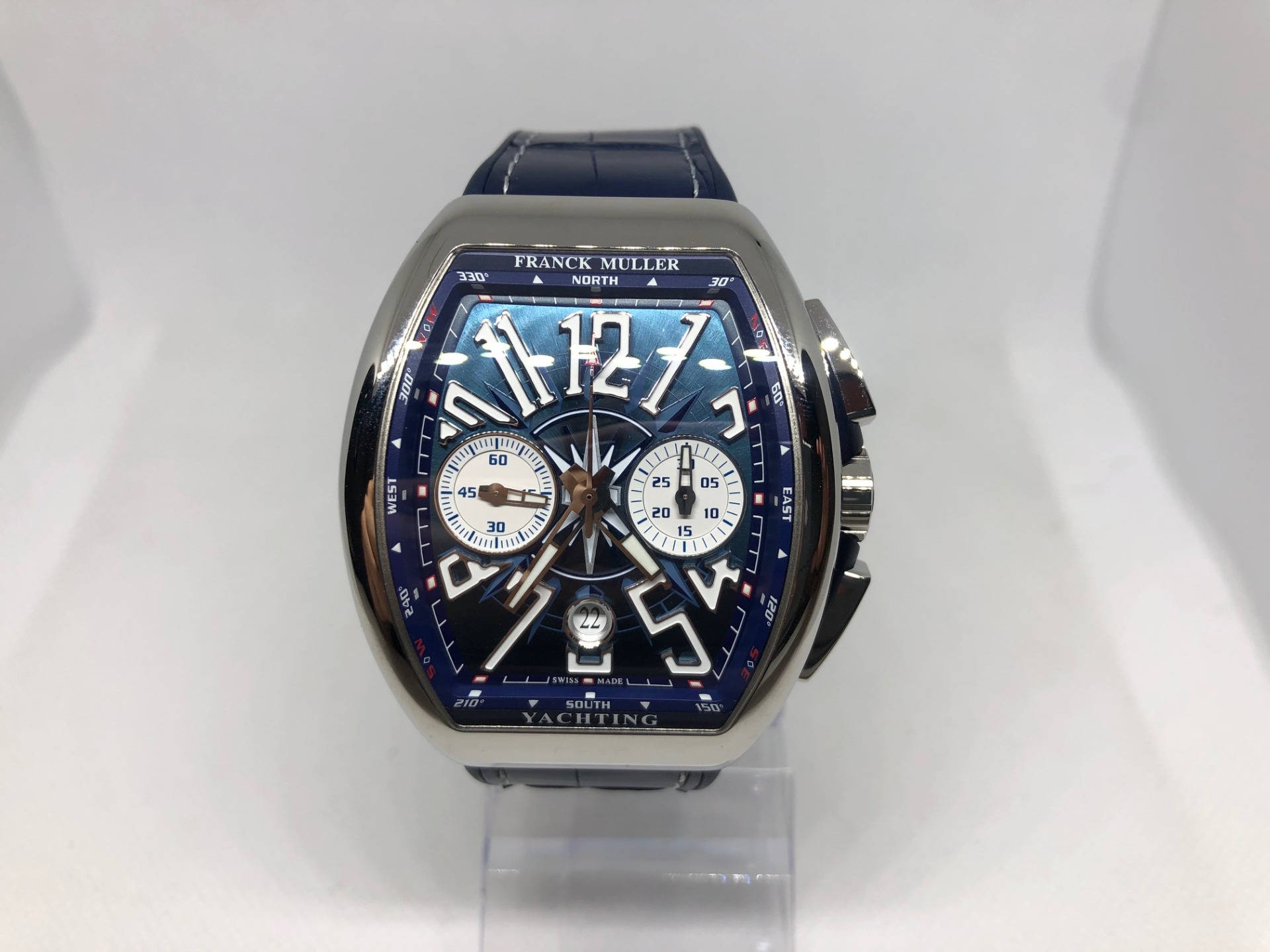 奢華 Franck Muller Yachting 手錶，指南針錶盤，藍色皮革錶帶。