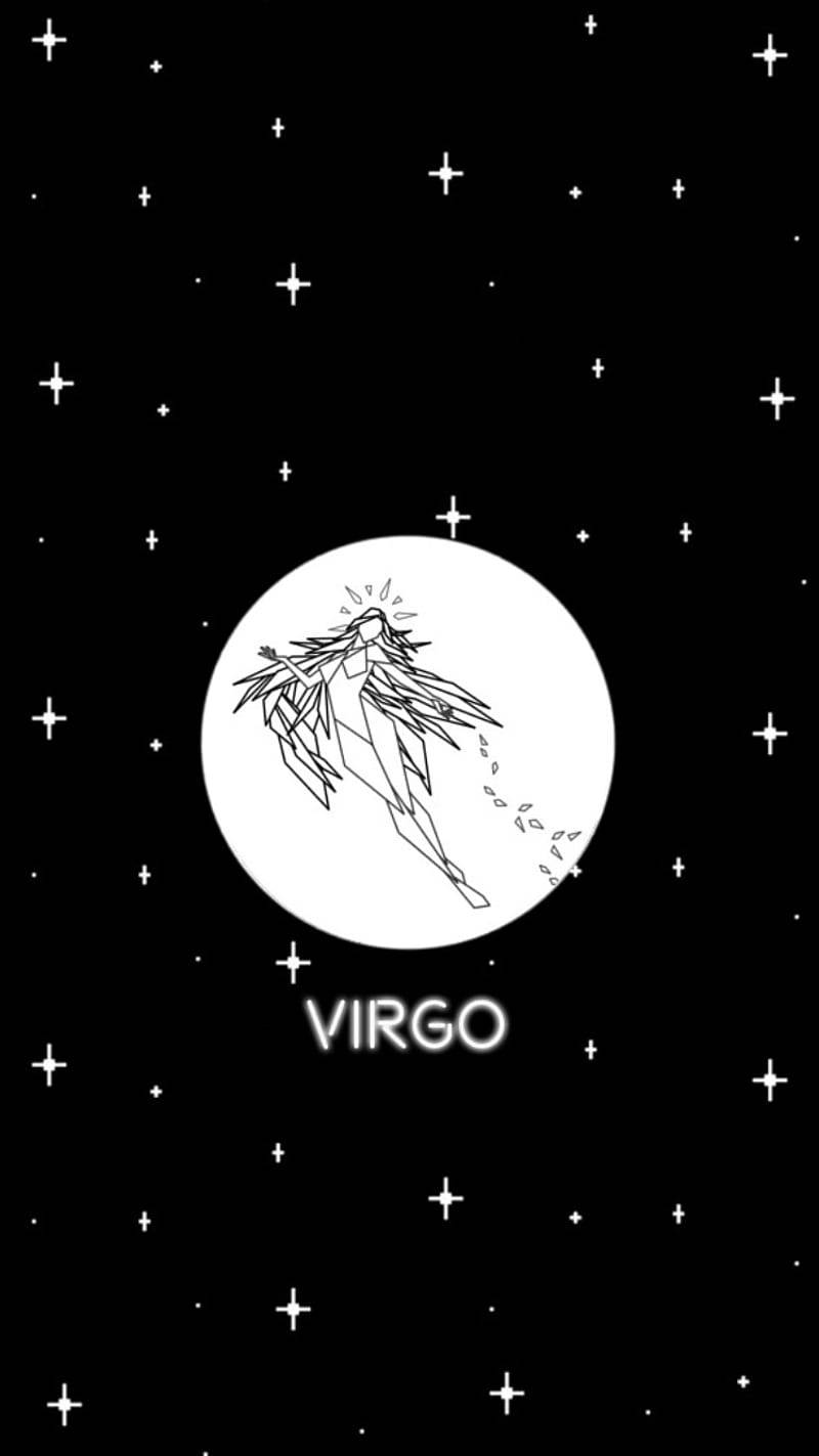 處女座星座符號以線條藝術風格呈現，背景為星光燦爛的夜空。