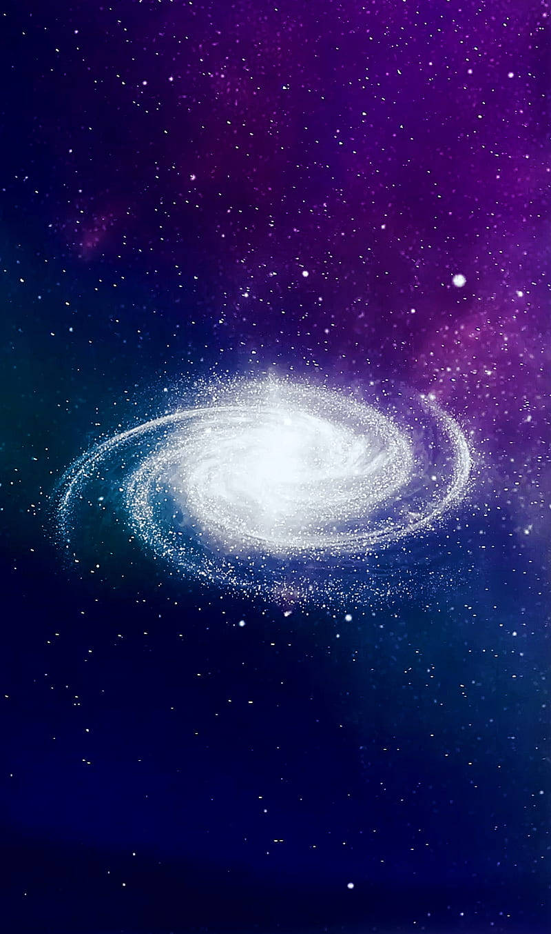 在繁星點點的紫色和藍色夜空中，一個發光的螺旋星系。