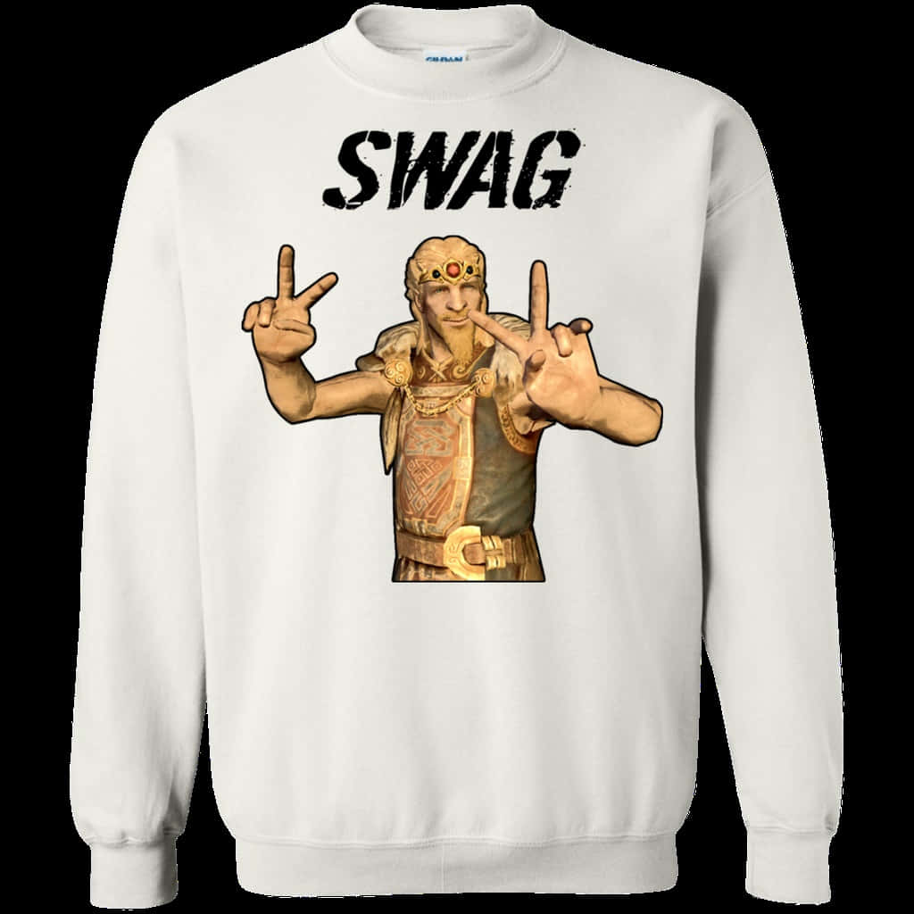 Jarl Balgruuf 桌布 壁紙 — 白色衛衣，印有粗體黑色「SWAG」文字和做出和平手勢的卡通戰士角色。