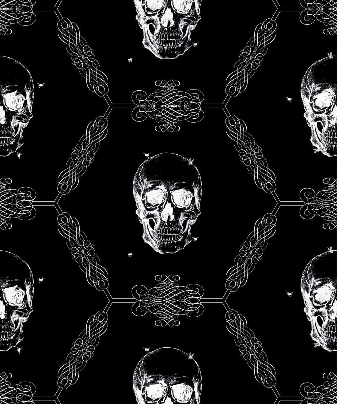Bone 桌布 壁紙 — 白色裝飾性頭骨與鏈條在純黑背景上以對稱圖案重複。