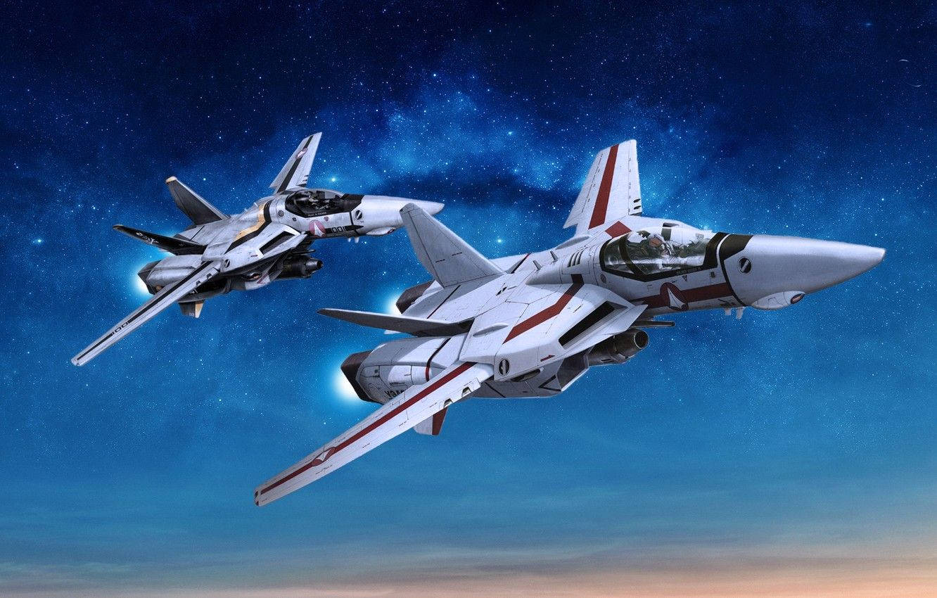 兩架未來戰機在星光燦爛的夜空中飛行，引擎發光。