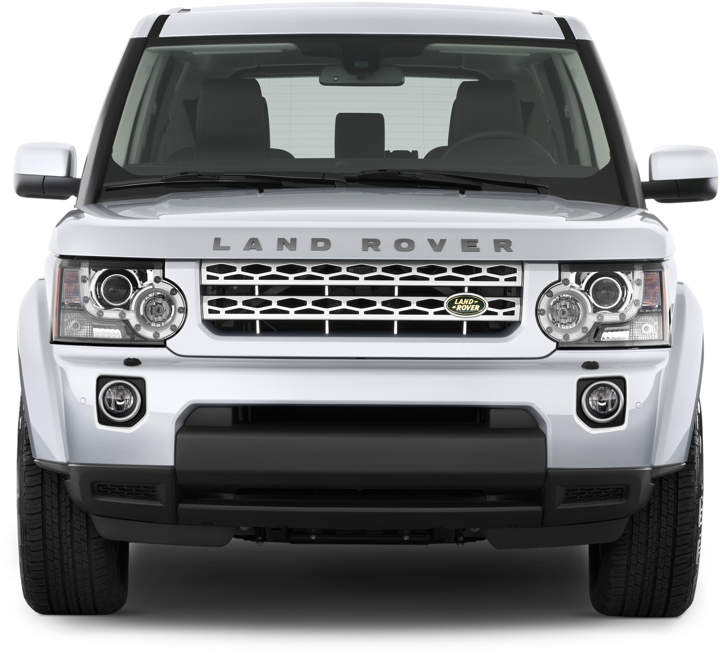 白色路虎正面視圖 壁紙 — 白色Land Rover SUV正面視圖，配備鍍鉻格柵和圓形頭燈，背景為黑色。