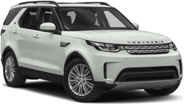 白色路虎發現車側面視圖 壁紙 — 一輛純白色的 Land Rover Discovery SUV 在工作室環境中展示，線條簡潔，設計現代。