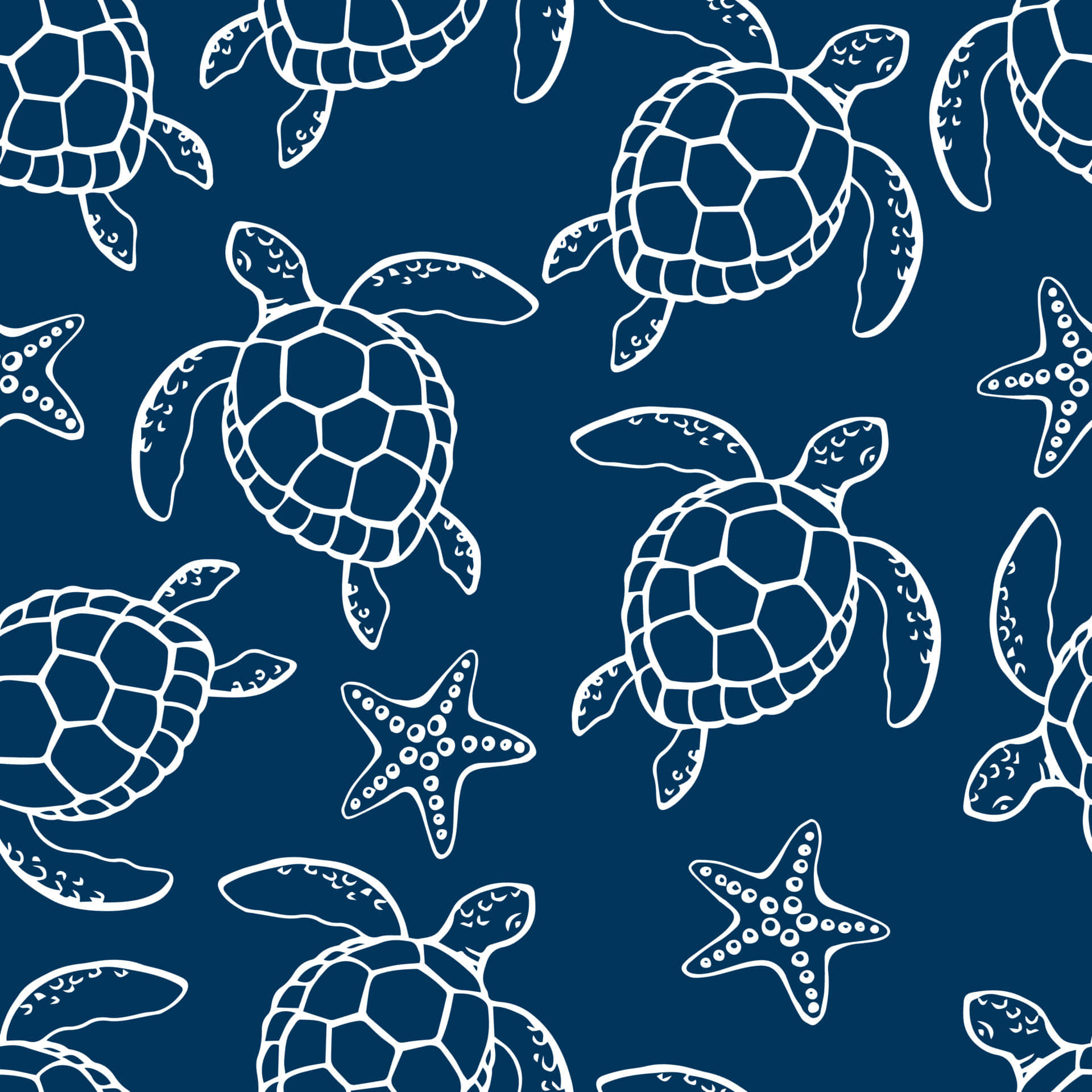 sea turtle 桌布 壁紙 — 白色輪廓的海龜和海星在深藍色背景上以重複圖案游動。