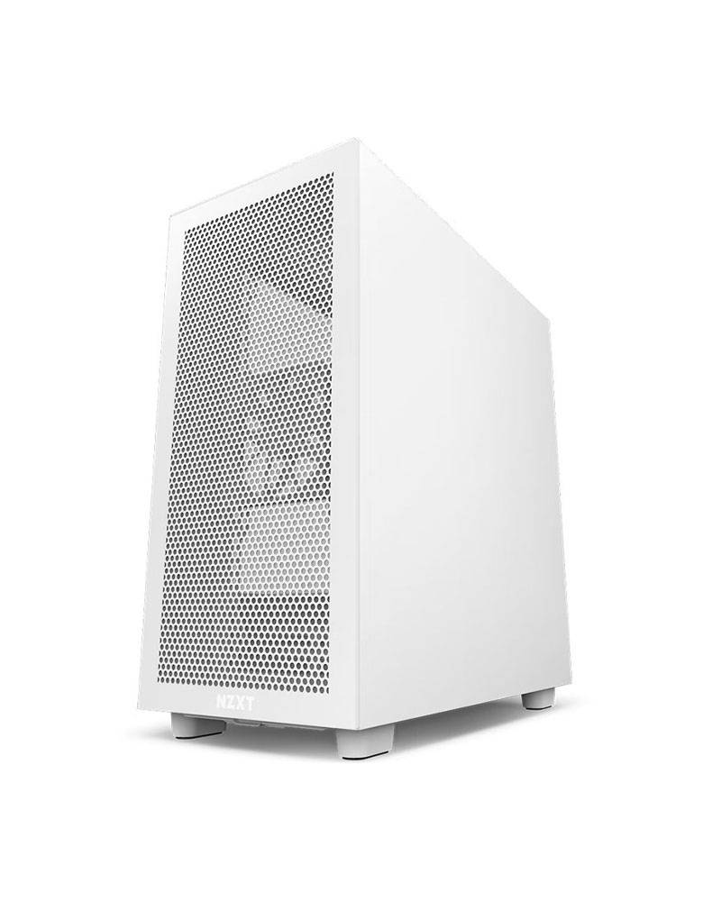 白色電腦機殼 壁紙 — 一個時尚的白色NZXT電腦機箱，帶有穿孔前面板，孤立地立在純白色背景上。