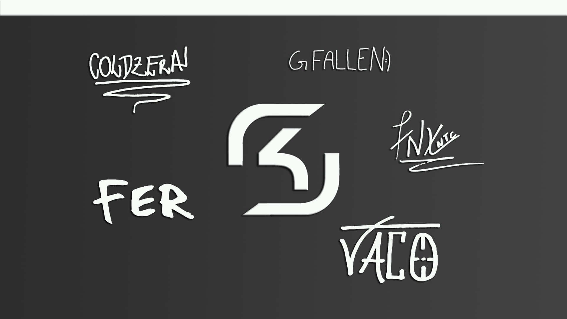 Sk Gaming 桌布 壁紙 — 白色風格化電競選手名稱和標誌，背景為深灰色漸變。